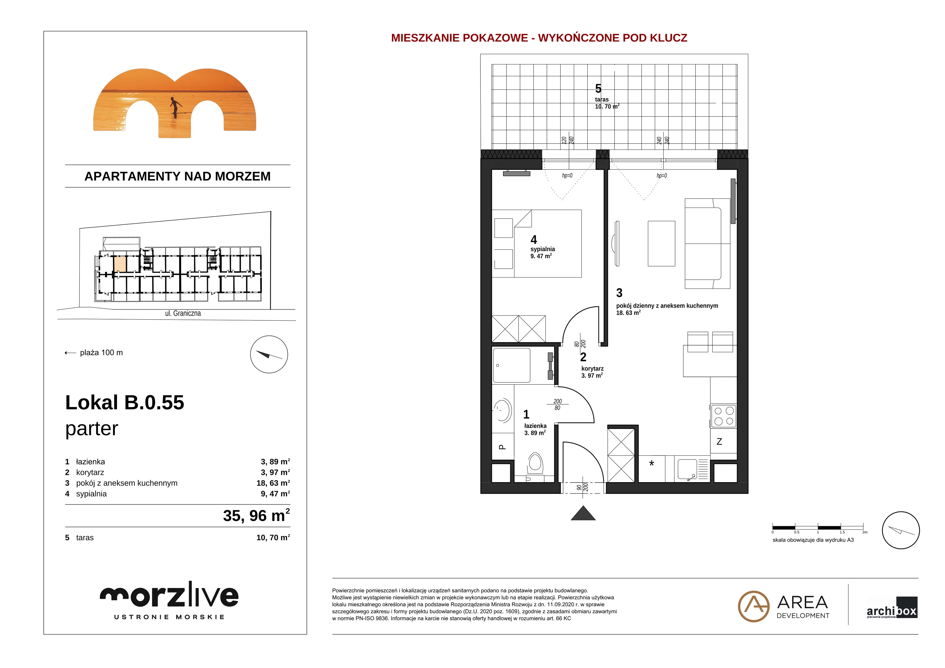 2 pokoje, apartament 35,96 m², parter, oferta nr B.0.55 wykończone pod klucz, Morzlive, Ustronie Morskie, ul. Graniczna 4