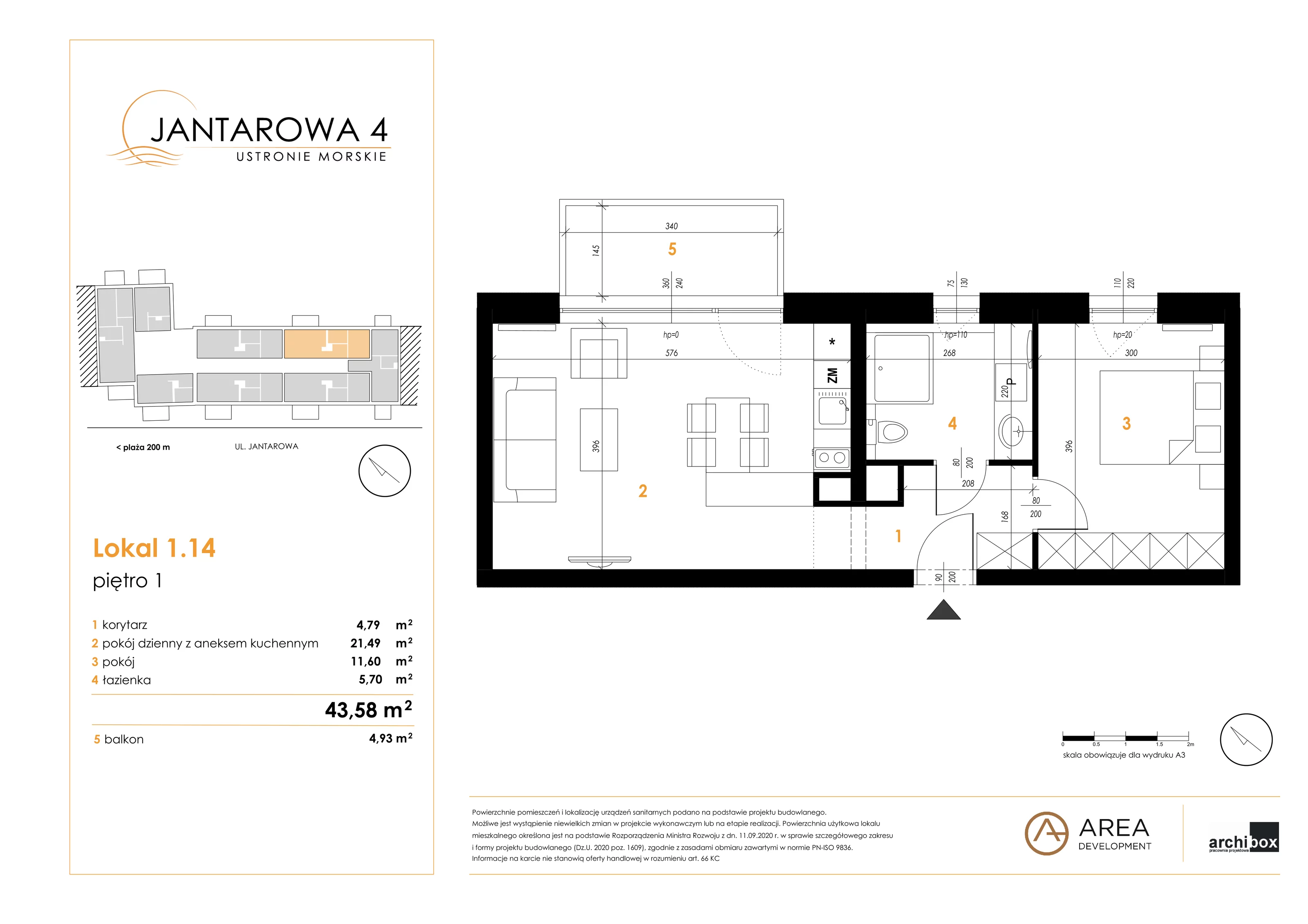 2 pokoje, apartament 43,58 m², piętro 1, oferta nr 1.14, Jantarowa 4, Ustronie Morskie, ul. Jantarowa 4