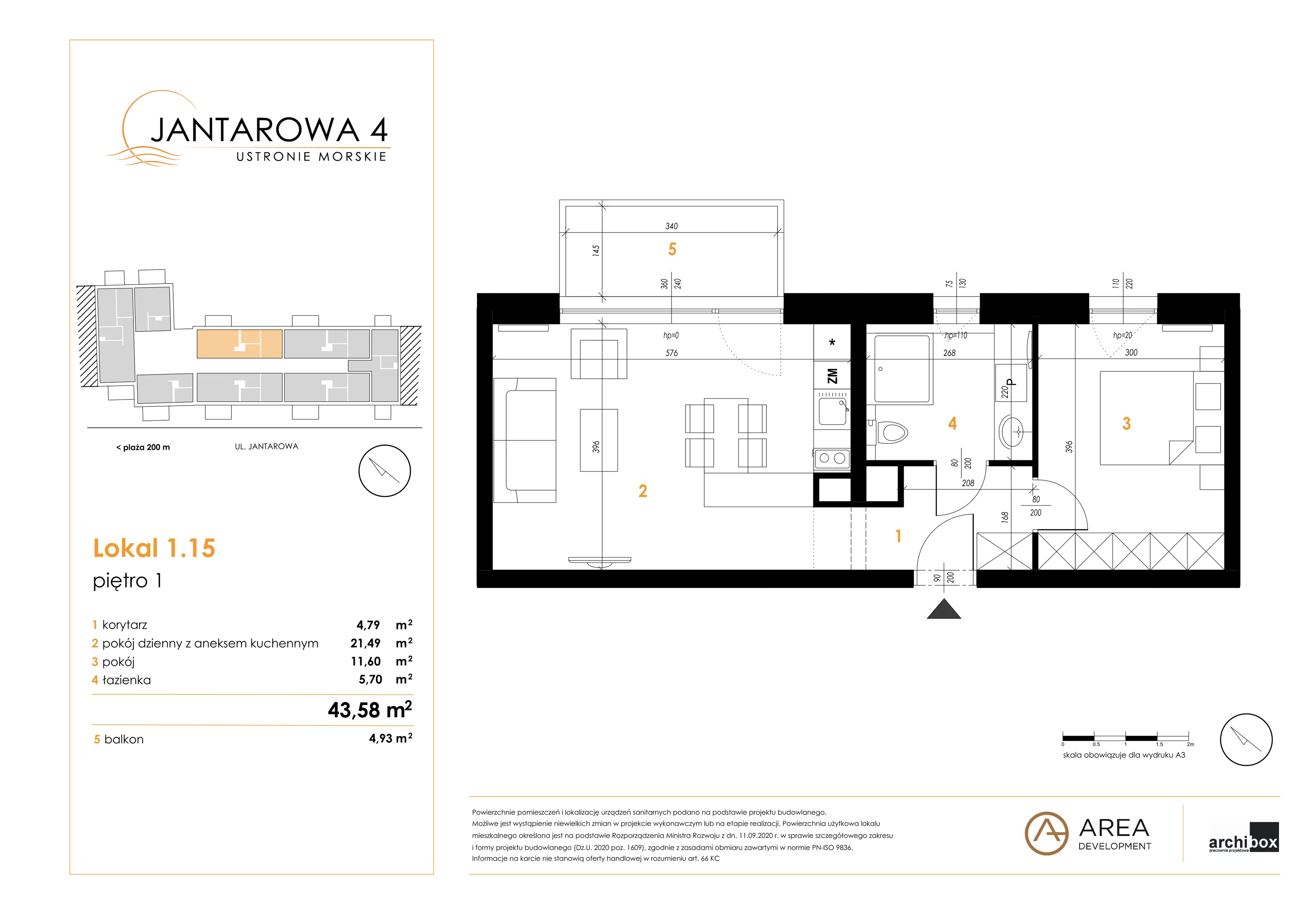 2 pokoje, apartament 43,58 m², piętro 1, oferta nr 1.15, Jantarowa 4, Ustronie Morskie, ul. Jantarowa 4