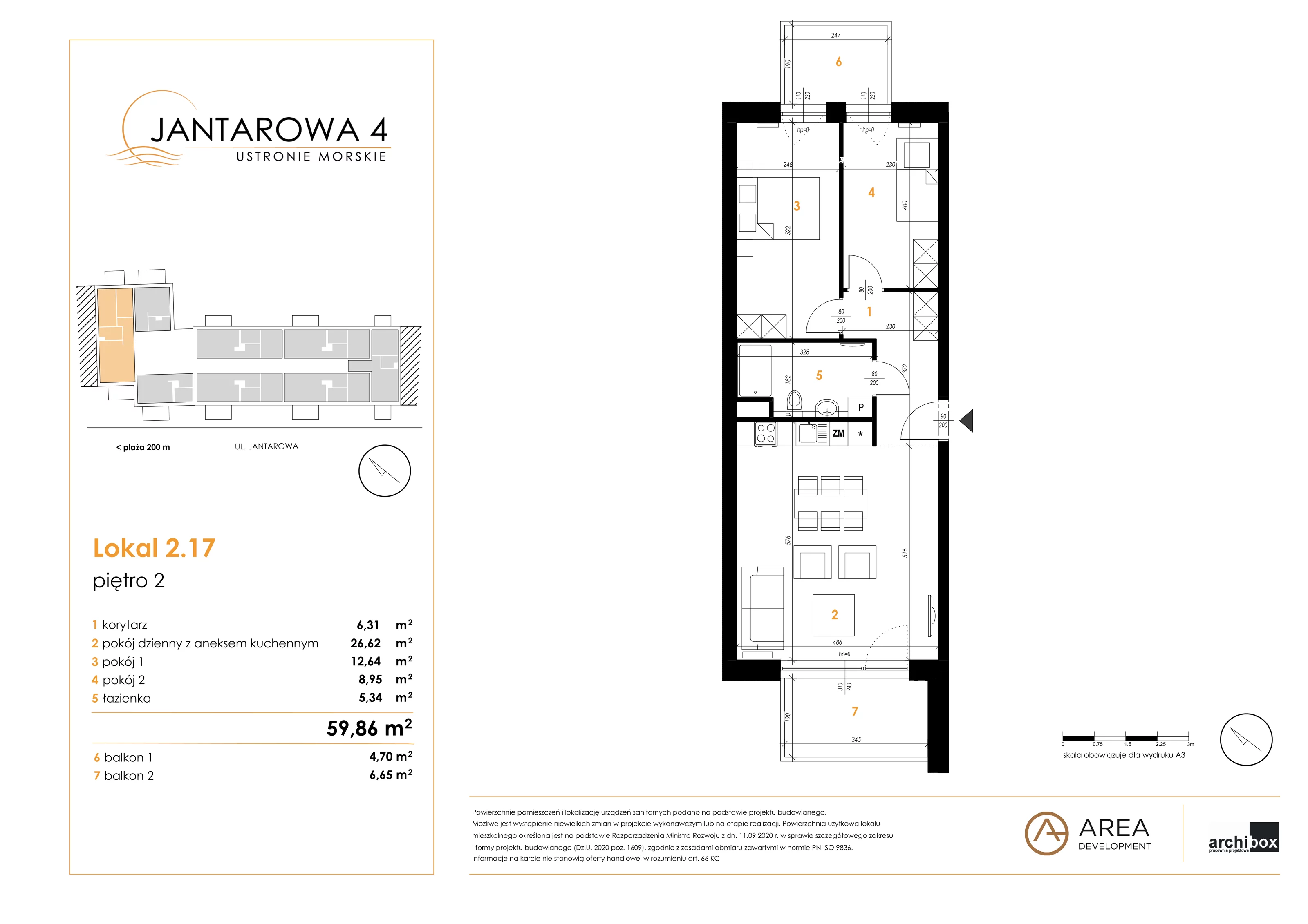 3 pokoje, apartament 59,86 m², piętro 2, oferta nr 2.17, Jantarowa 4, Ustronie Morskie, ul. Jantarowa 4