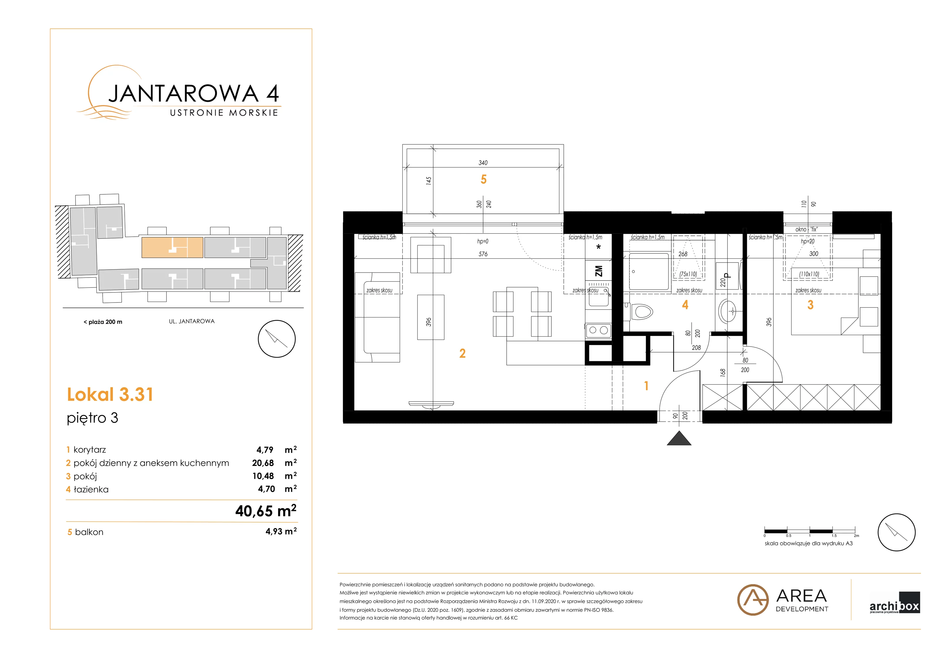 2 pokoje, apartament 40,65 m², piętro 3, oferta nr 3.31, Jantarowa 4, Ustronie Morskie, ul. Jantarowa 4