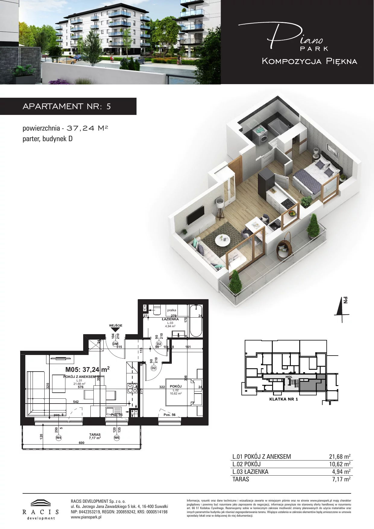 Apartament 37,24 m², parter, oferta nr D5, Piano Park, Suwałki, Czarnoziem, ul. Witolda "Rotmistrza" Pileckiego