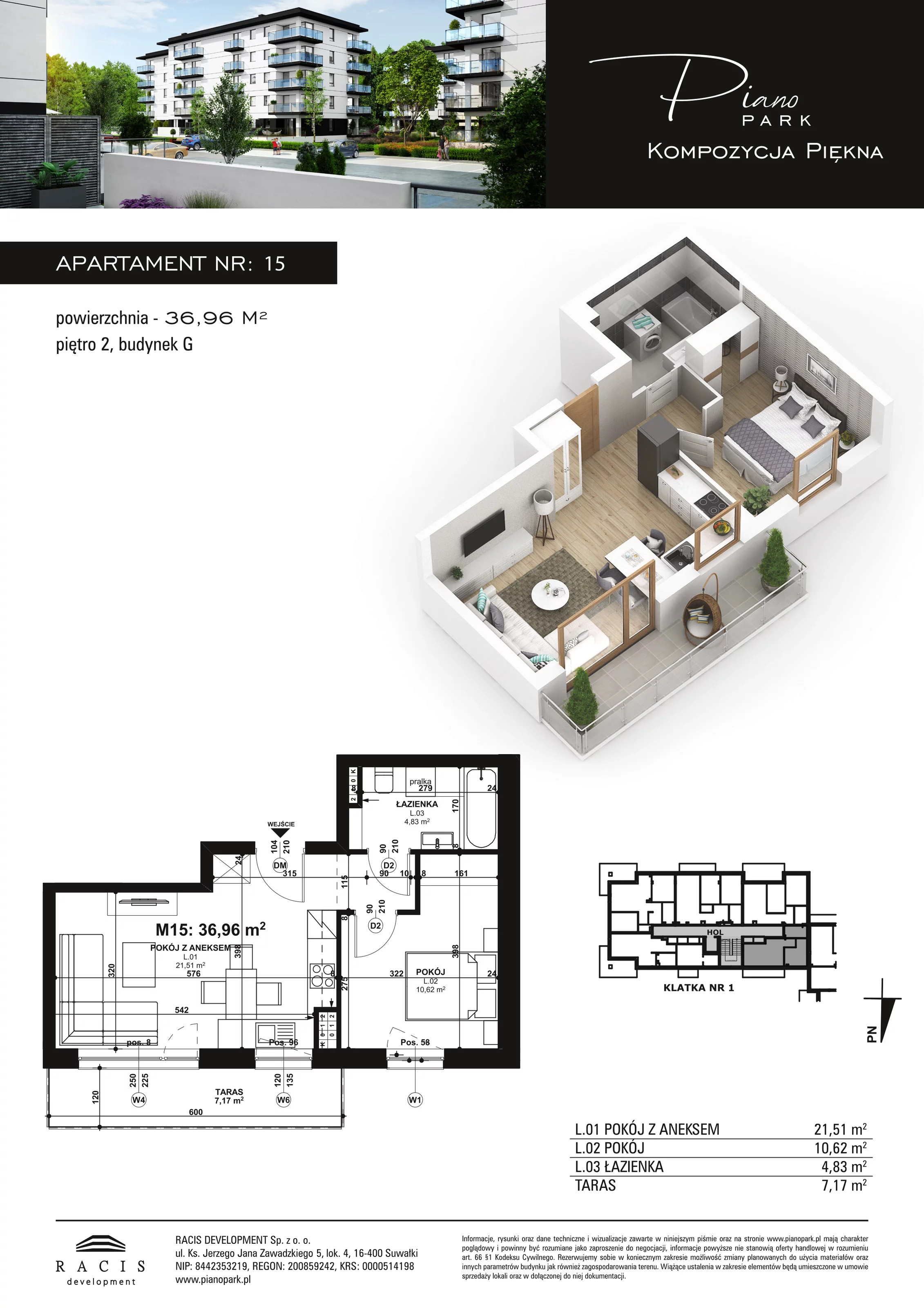 Apartament 36,96 m², piętro 2, oferta nr G15, Piano Park, Suwałki, Czarnoziem, ul. Witolda "Rotmistrza" Pileckiego