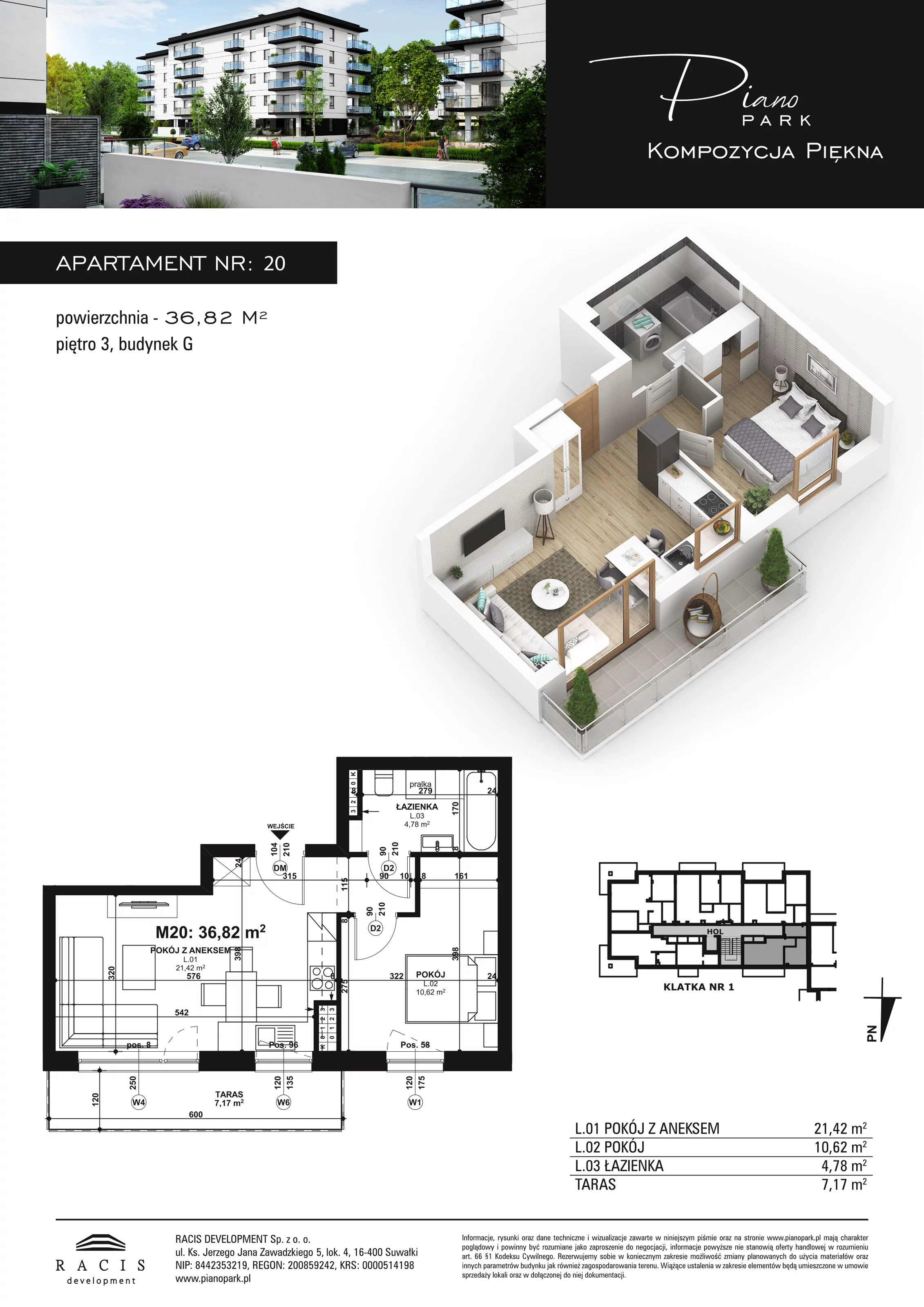 Apartament 36,82 m², piętro 3, oferta nr G20, Piano Park, Suwałki, Czarnoziem, ul. Witolda "Rotmistrza" Pileckiego