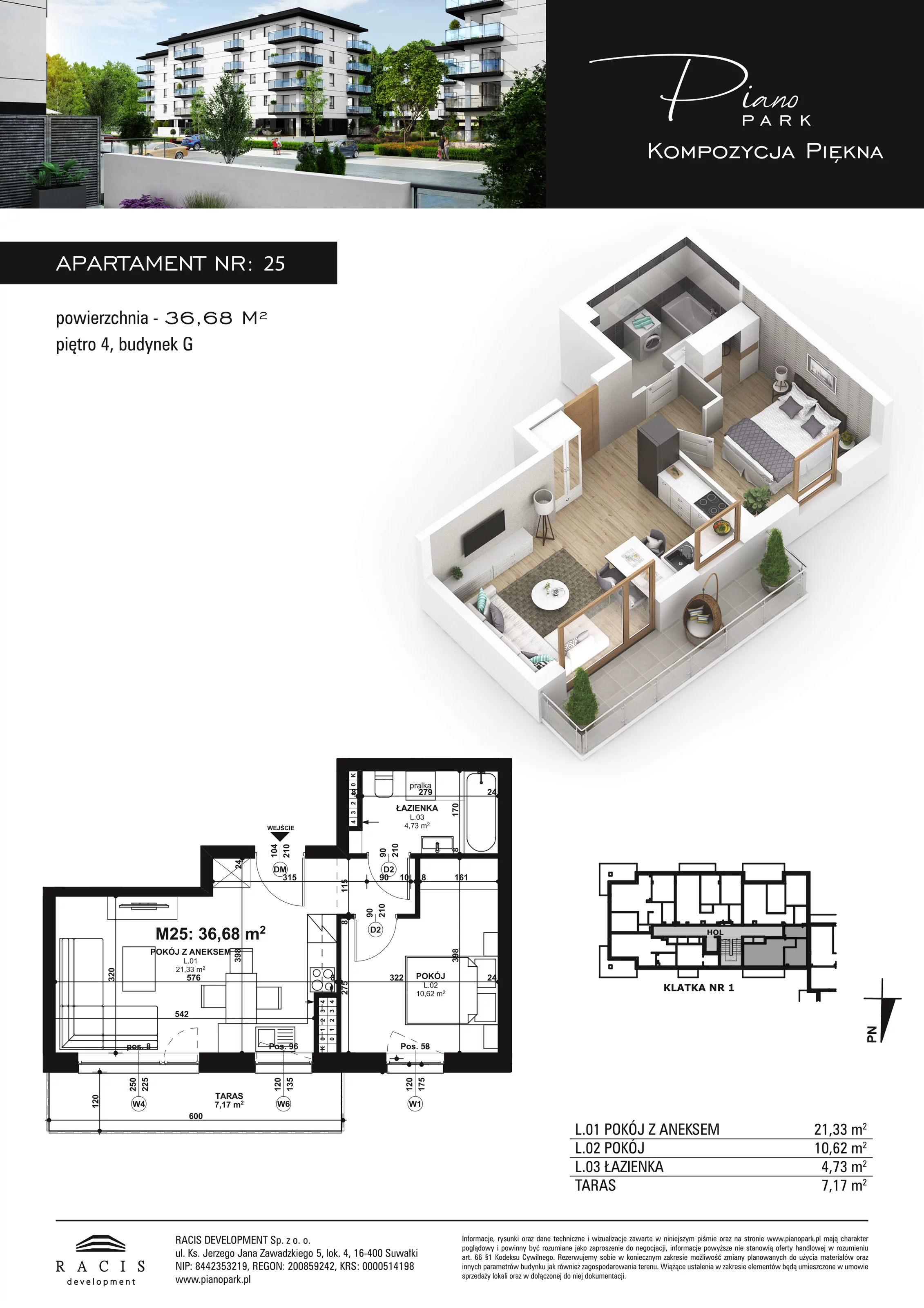 Apartament 36,68 m², piętro 4, oferta nr G25, Piano Park, Suwałki, Czarnoziem, ul. Witolda "Rotmistrza" Pileckiego