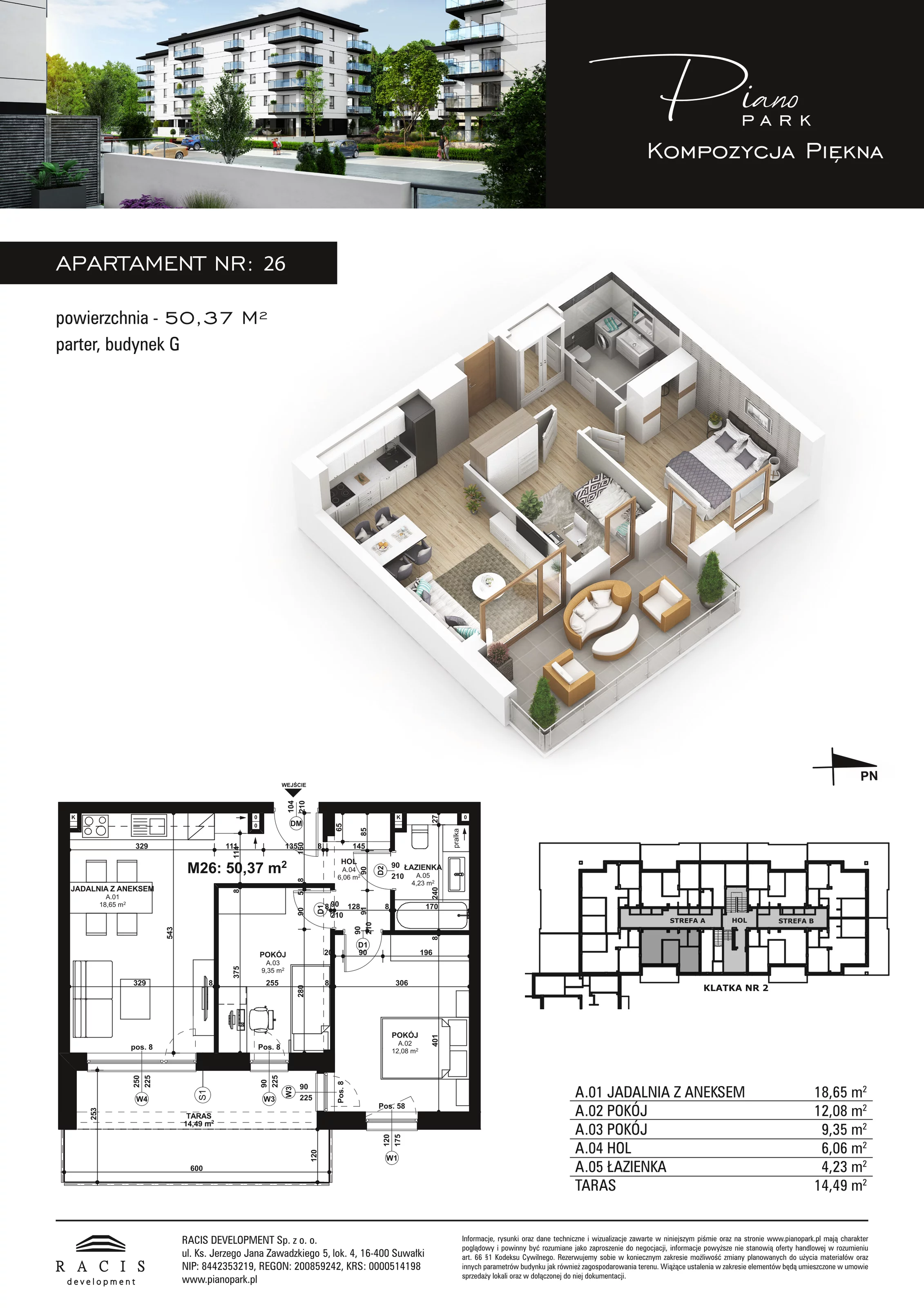 3 pokoje, apartament 50,37 m², parter, oferta nr G26, Piano Park bud. G, Suwałki, Czarnoziem, ul. Witolda "Rotmistrza" Pileckiego