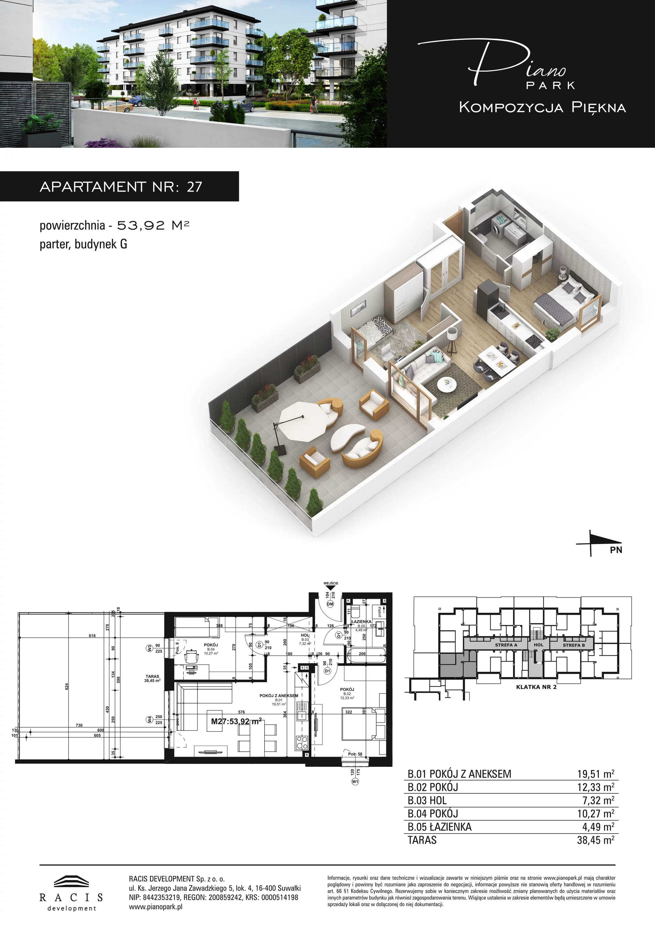 3 pokoje, apartament 53,92 m², parter, oferta nr G27, Piano Park bud. G, Suwałki, Czarnoziem, ul. Witolda "Rotmistrza" Pileckiego