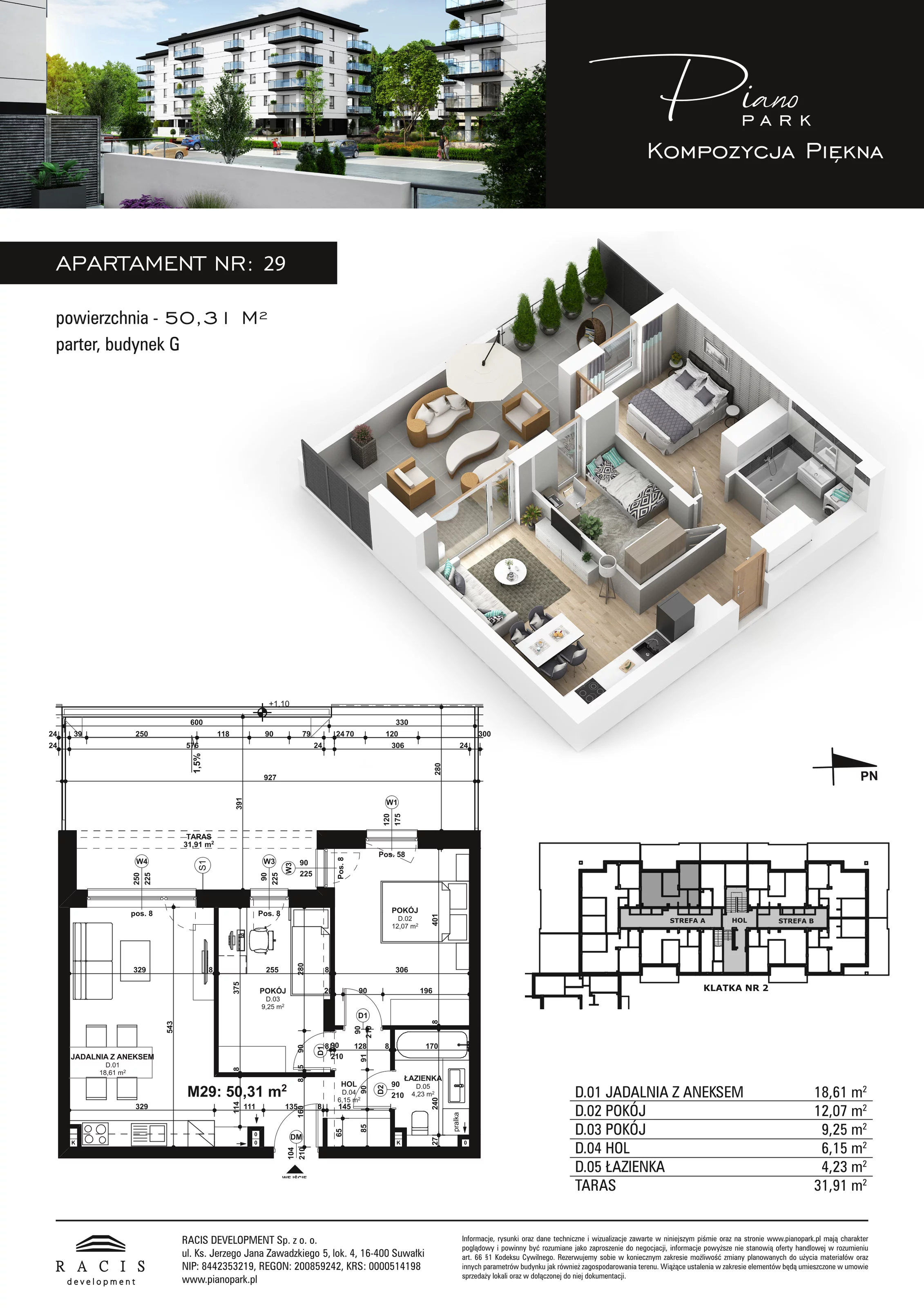 3 pokoje, apartament 50,31 m², parter, oferta nr G29, Piano Park bud. G, Suwałki, Czarnoziem, ul. Witolda "Rotmistrza" Pileckiego