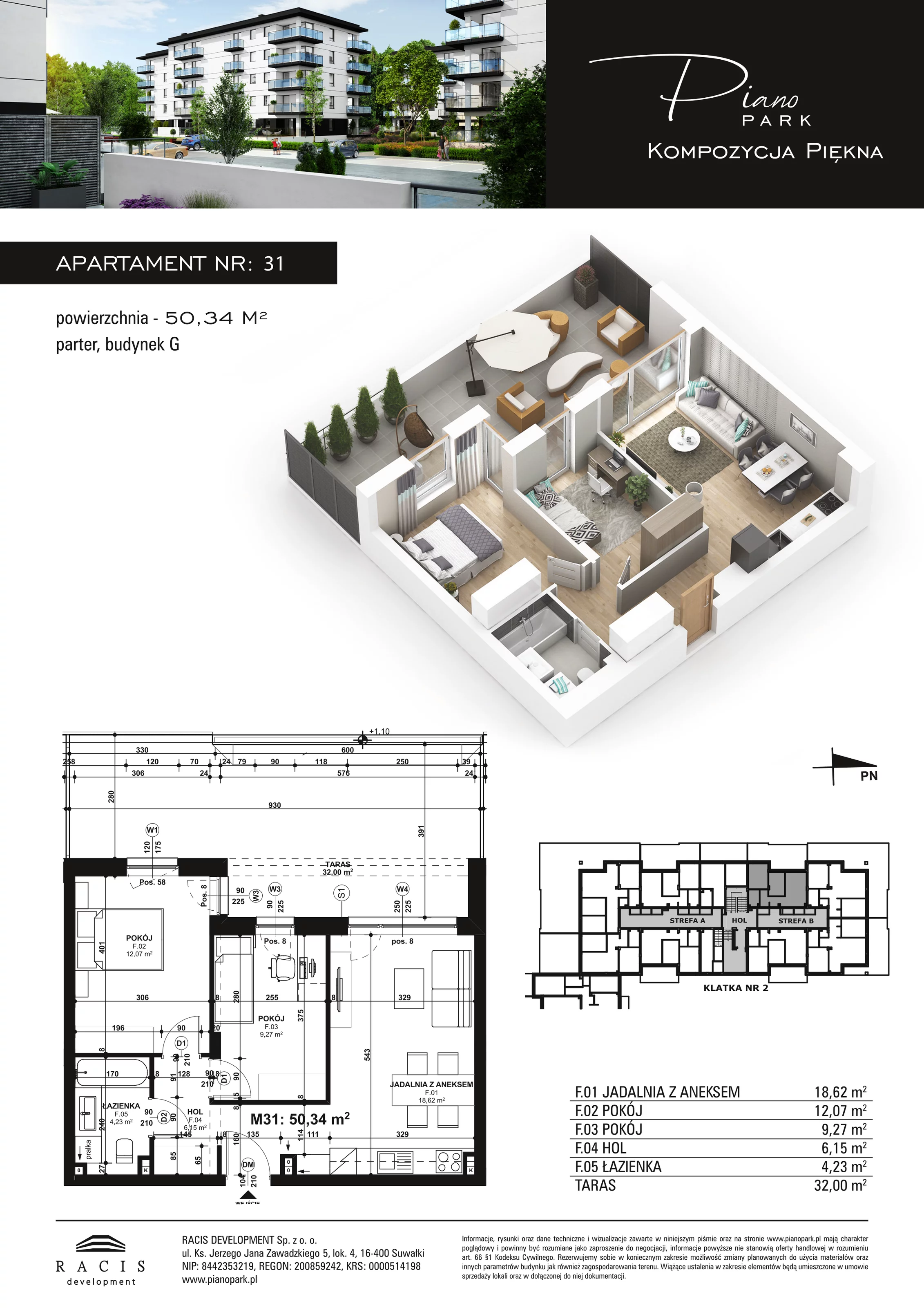 3 pokoje, apartament 50,34 m², parter, oferta nr G31, Piano Park bud. G, Suwałki, Czarnoziem, ul. Witolda "Rotmistrza" Pileckiego