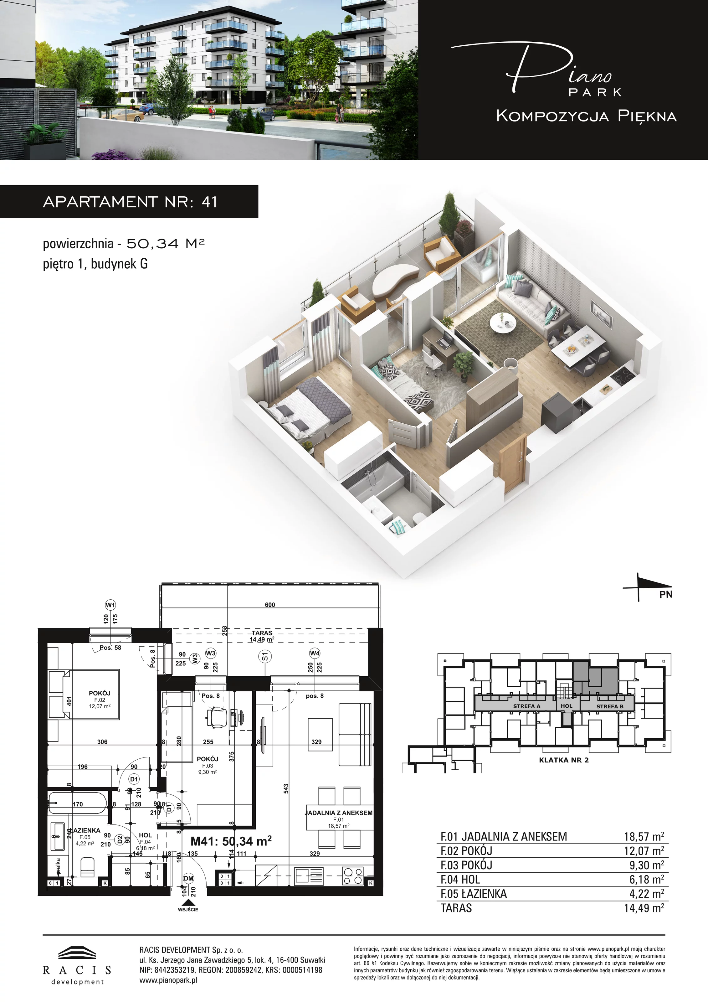 3 pokoje, apartament 50,34 m², piętro 1, oferta nr G41, Piano Park bud. G, Suwałki, Czarnoziem, ul. Witolda "Rotmistrza" Pileckiego