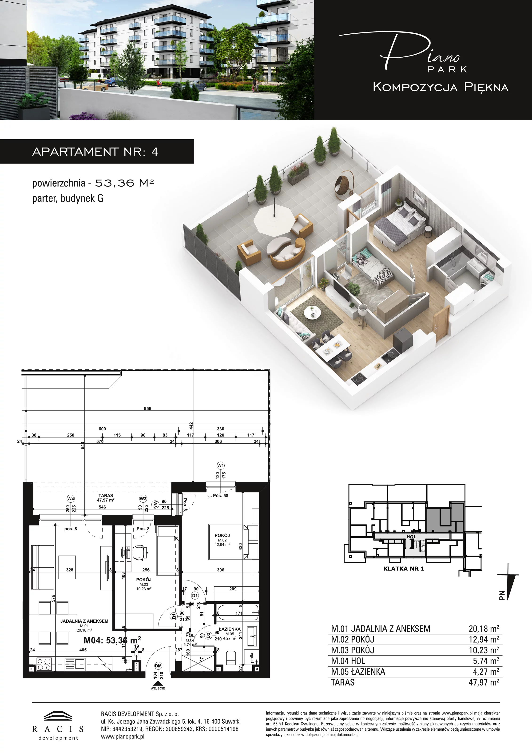 3 pokoje, apartament 53,36 m², parter, oferta nr G4, Piano Park bud. G, Suwałki, Czarnoziem, ul. Witolda "Rotmistrza" Pileckiego