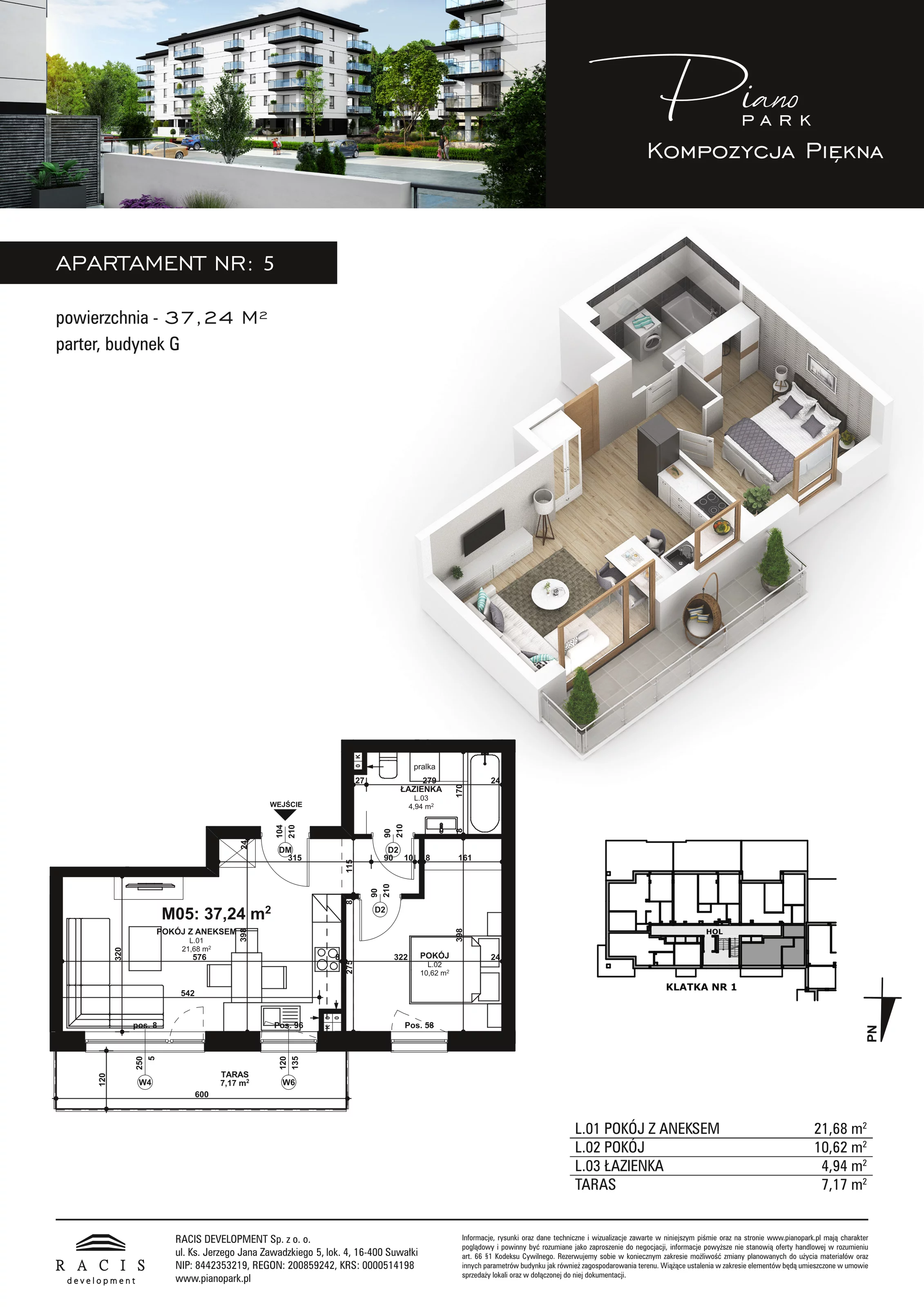 Apartament 37,24 m², parter, oferta nr G5, Piano Park, Suwałki, Czarnoziem, ul. Witolda "Rotmistrza" Pileckiego