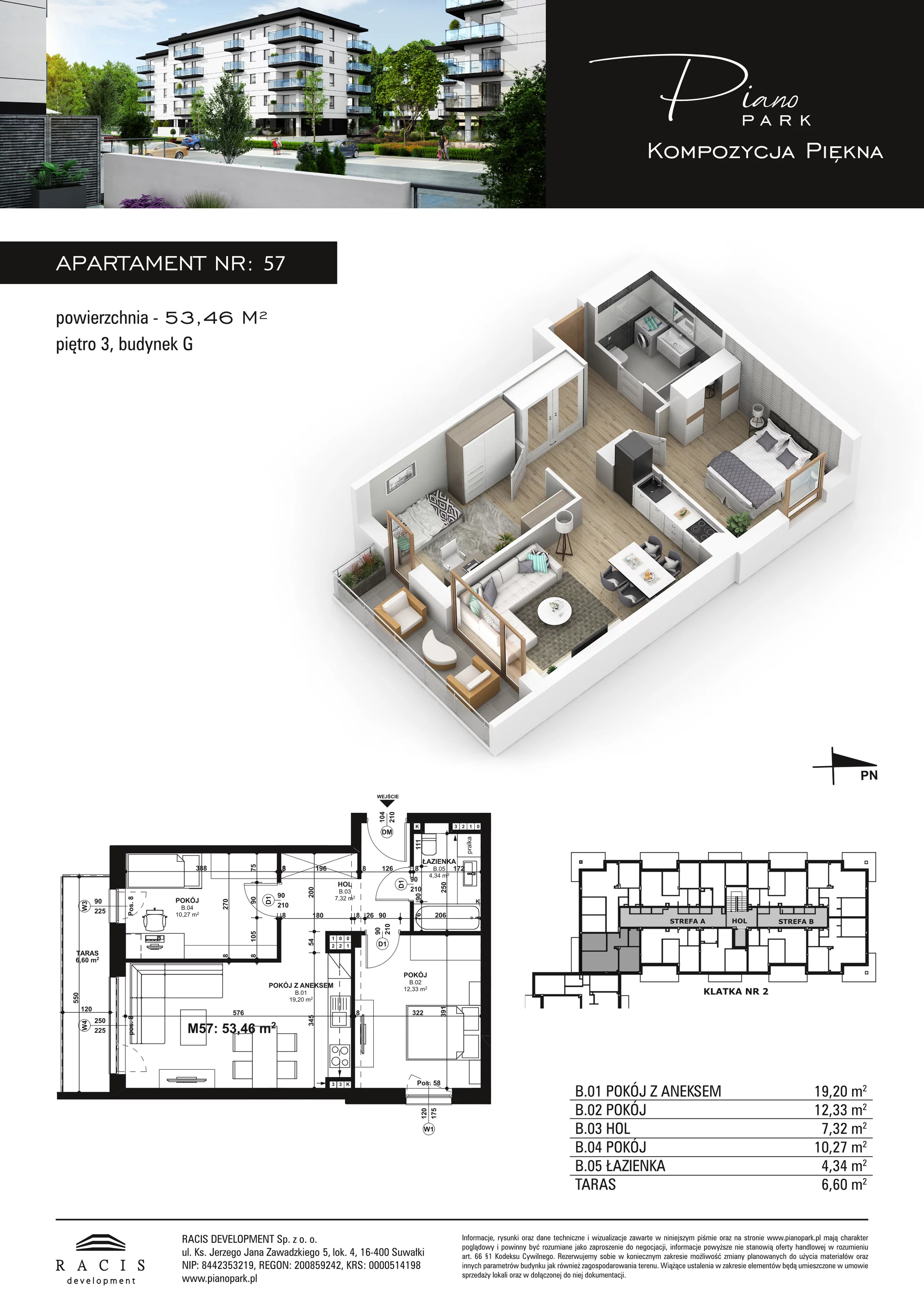 3 pokoje, apartament 53,46 m², piętro 3, oferta nr G57, Piano Park bud. G, Suwałki, Czarnoziem, ul. Witolda "Rotmistrza" Pileckiego