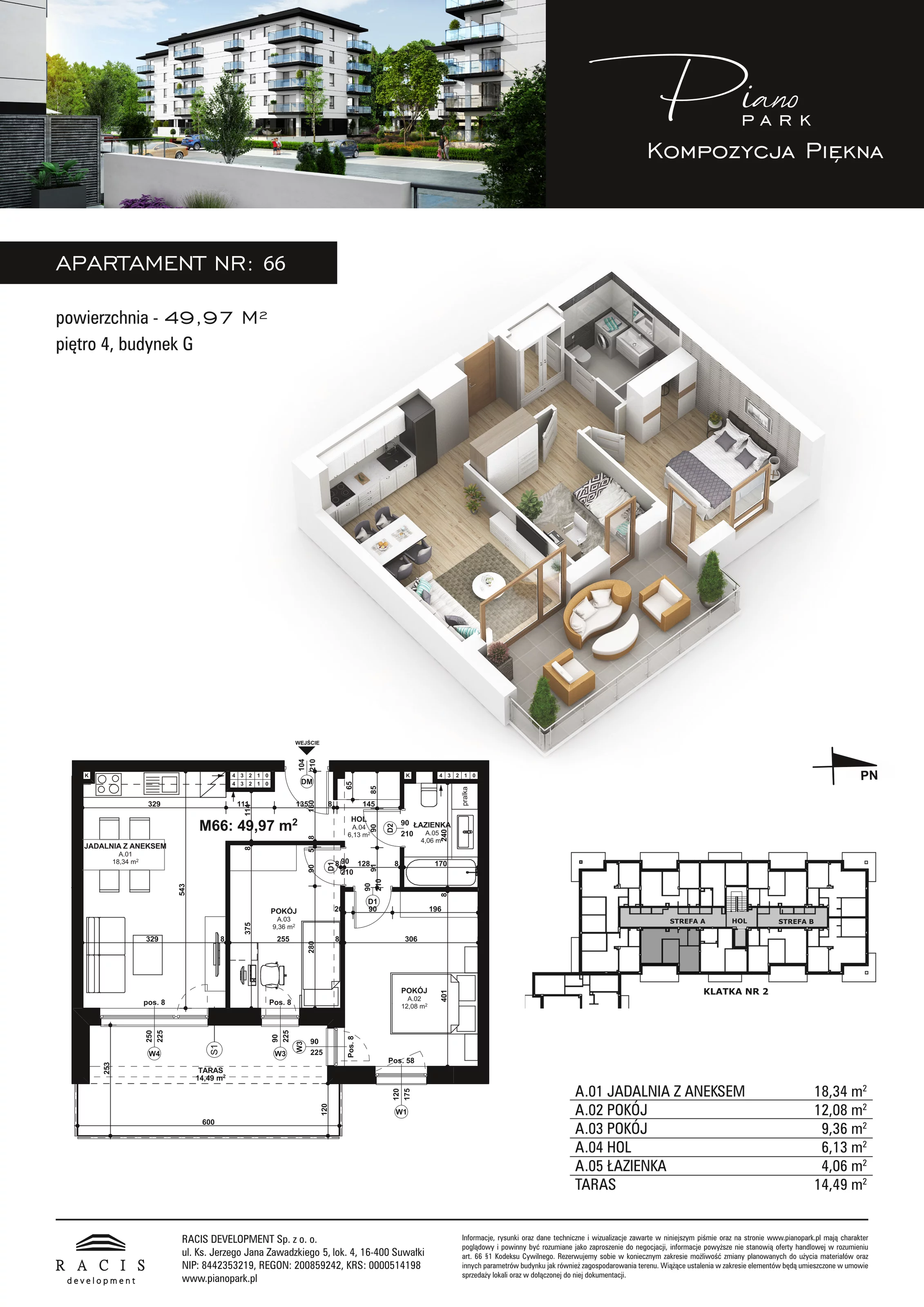 3 pokoje, apartament 49,97 m², piętro 4, oferta nr G66, Piano Park bud. G, Suwałki, Czarnoziem, ul. Witolda "Rotmistrza" Pileckiego