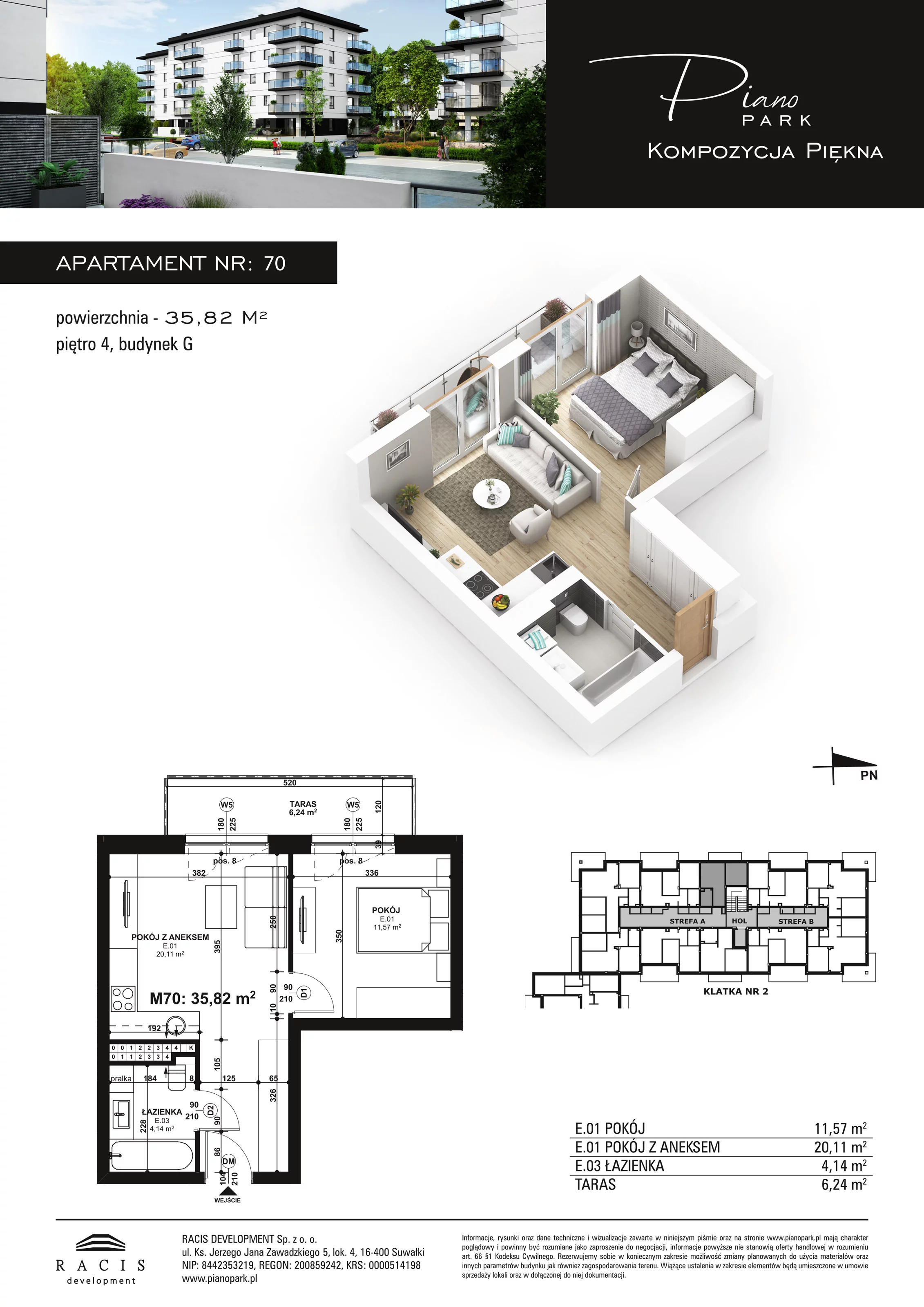 Apartament 35,82 m², piętro 4, oferta nr G70, Piano Park, Suwałki, Czarnoziem, ul. Witolda "Rotmistrza" Pileckiego