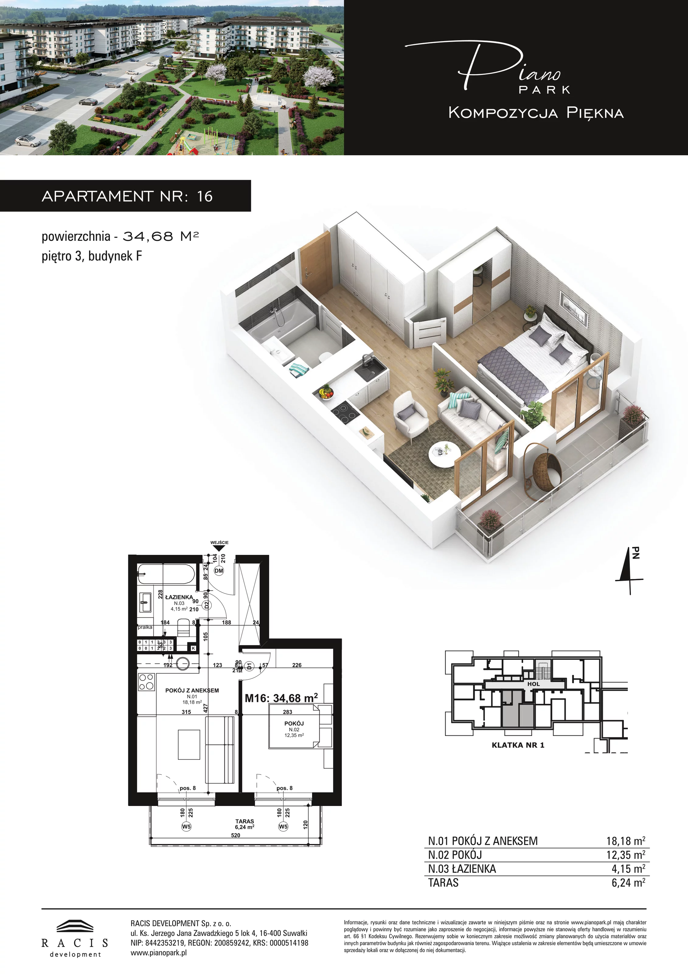 Apartament 34,68 m², piętro 3, oferta nr F16, Piano Park, Suwałki, Czarnoziem, ul. Witolda "Rotmistrza" Pileckiego