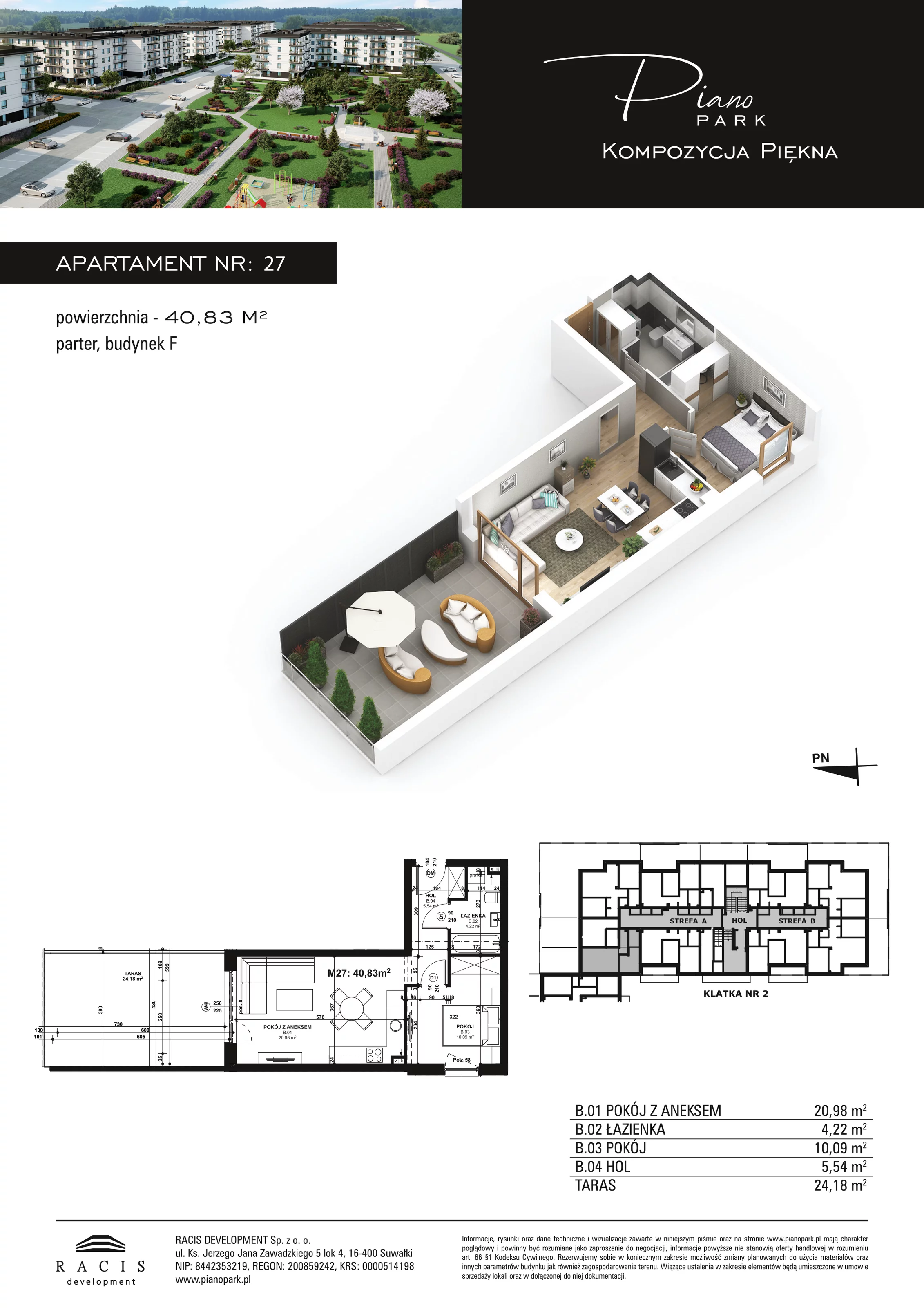 Apartament 40,83 m², parter, oferta nr F27, Piano Park, Suwałki, Czarnoziem, ul. Witolda "Rotmistrza" Pileckiego