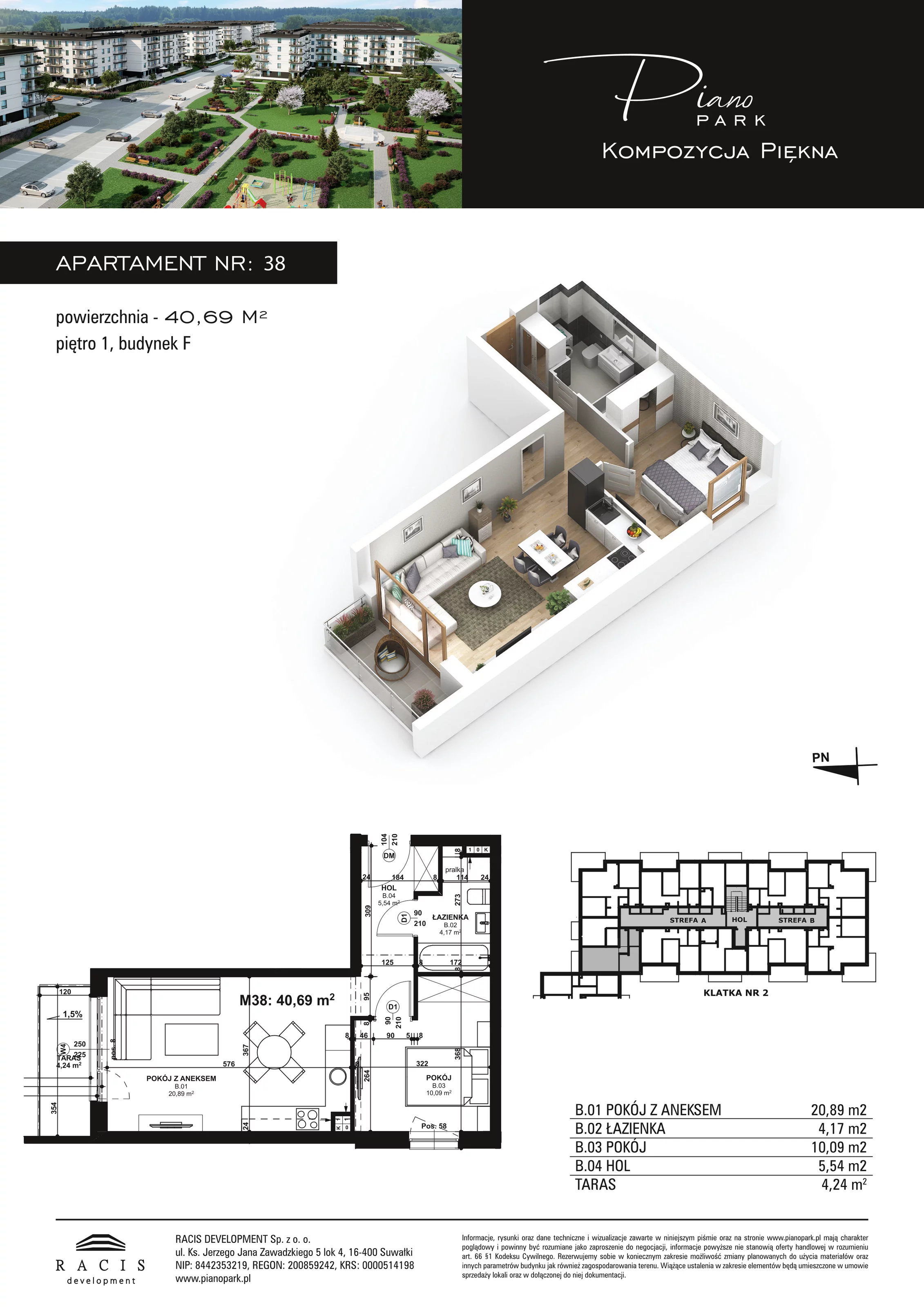 Apartament 40,69 m², piętro 1, oferta nr F38, Piano Park, Suwałki, Czarnoziem, ul. Witolda "Rotmistrza" Pileckiego