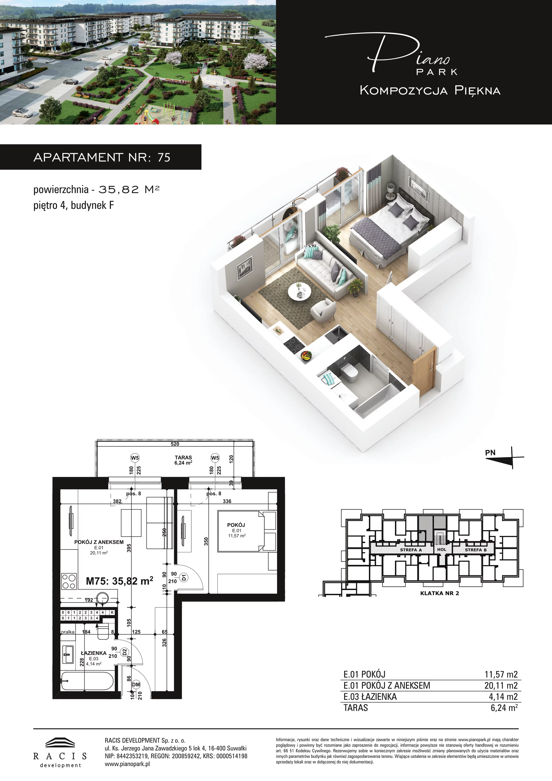 Apartament 35,82 m², piętro 4, oferta nr F75, Piano Park, Suwałki, Czarnoziem, ul. Witolda "Rotmistrza" Pileckiego