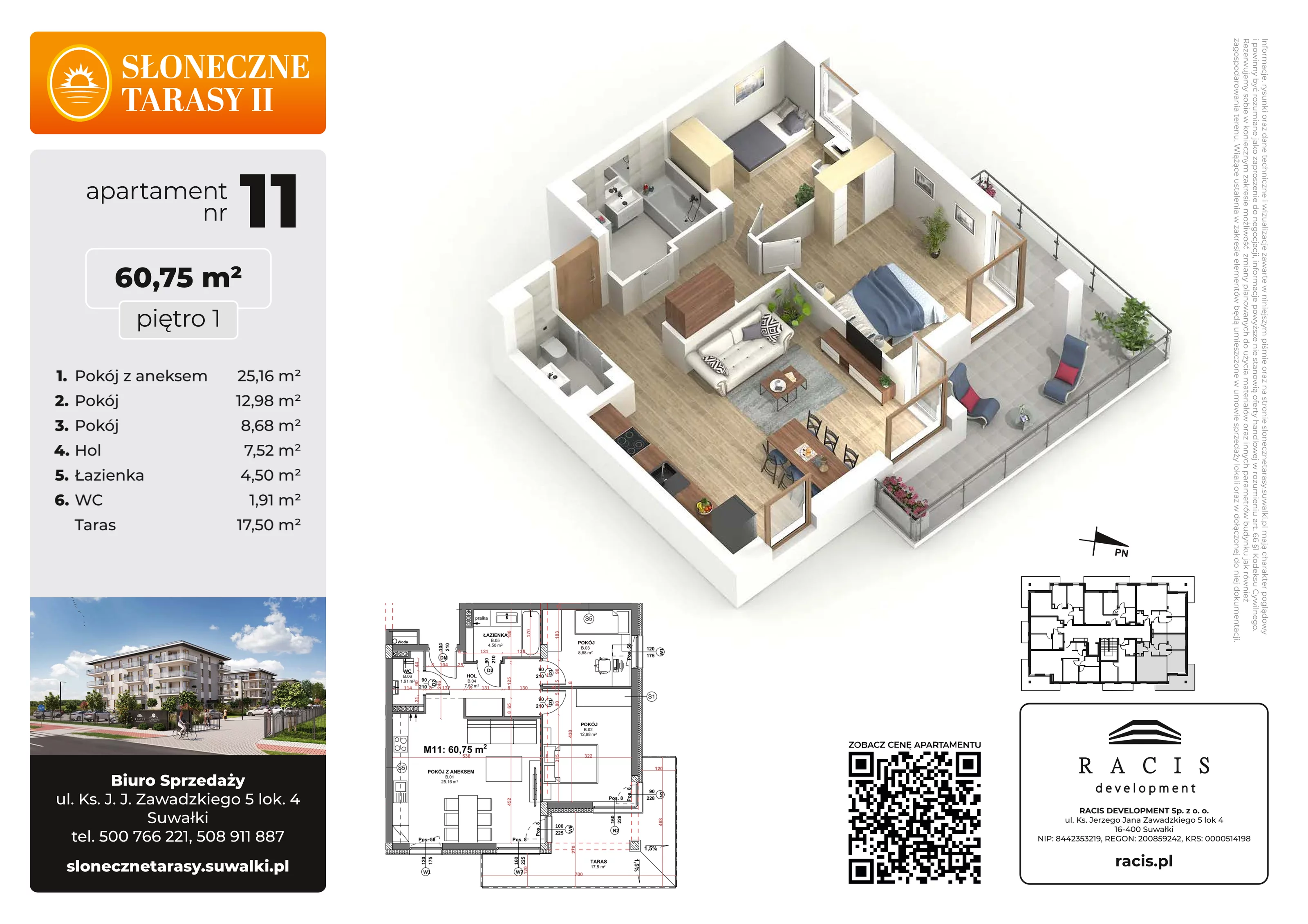 3 pokoje, mieszkanie 60,75 m², piętro 1, oferta nr 11, Słoneczne Tarasy II, Suwałki, ul. Sportowa