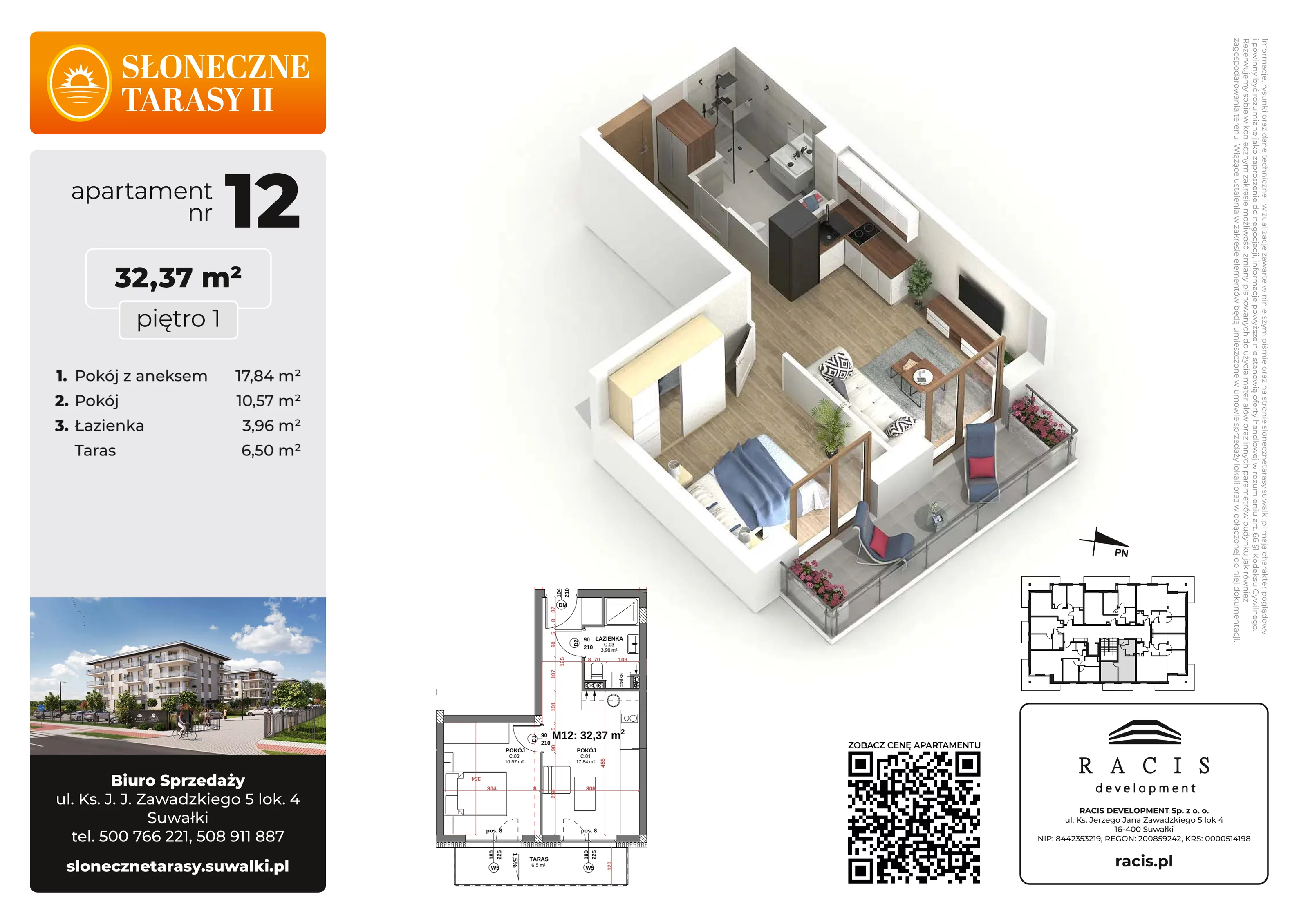 2 pokoje, mieszkanie 32,37 m², piętro 1, oferta nr 12, Słoneczne Tarasy II, Suwałki, ul. Sportowa