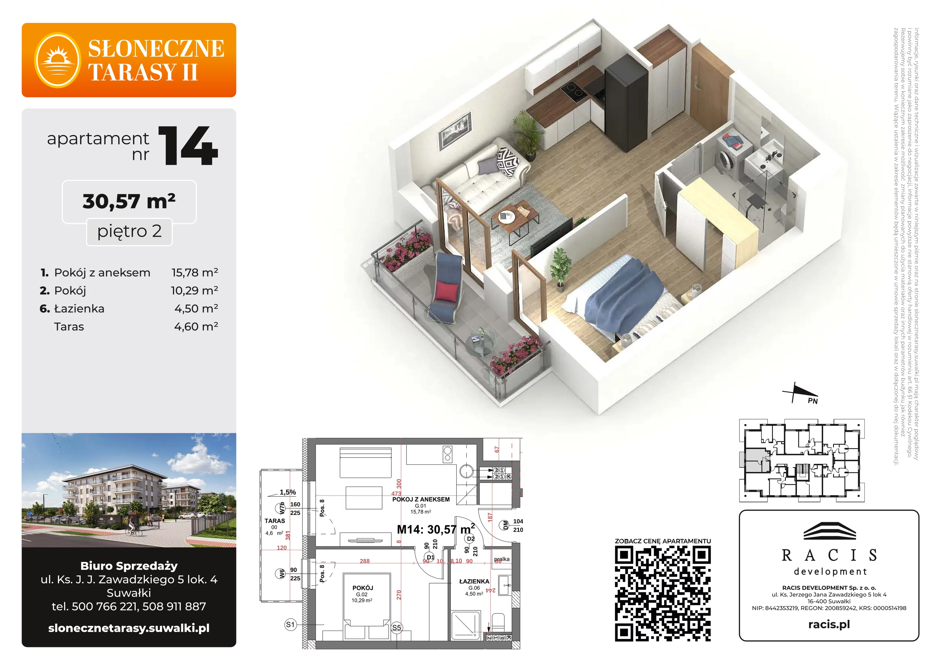 2 pokoje, mieszkanie 30,57 m², piętro 2, oferta nr 14, Słoneczne Tarasy II, Suwałki, ul. Sportowa