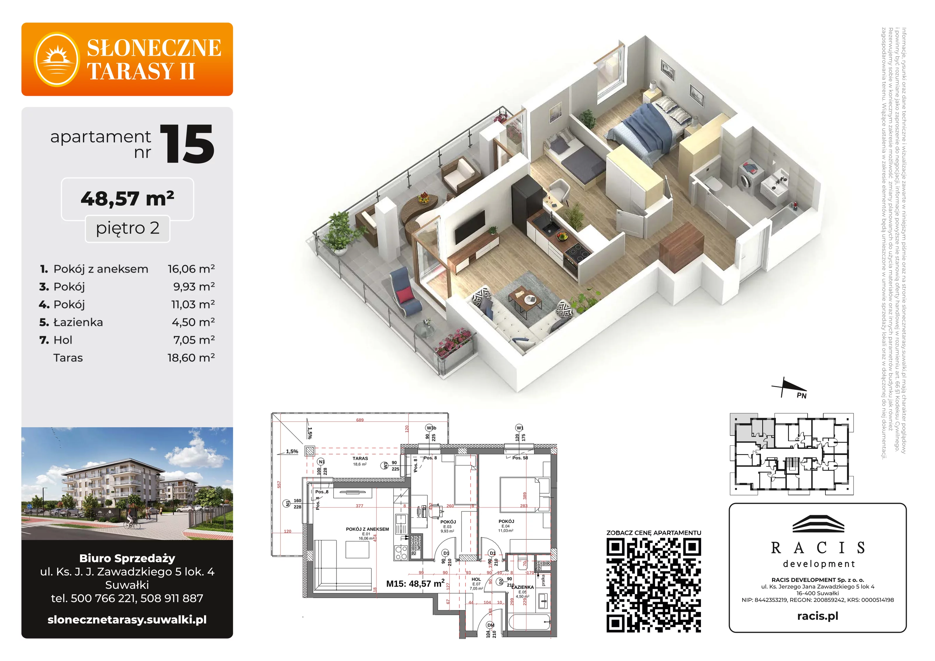 3 pokoje, mieszkanie 48,57 m², piętro 2, oferta nr 15, Słoneczne Tarasy II, Suwałki, ul. Sportowa