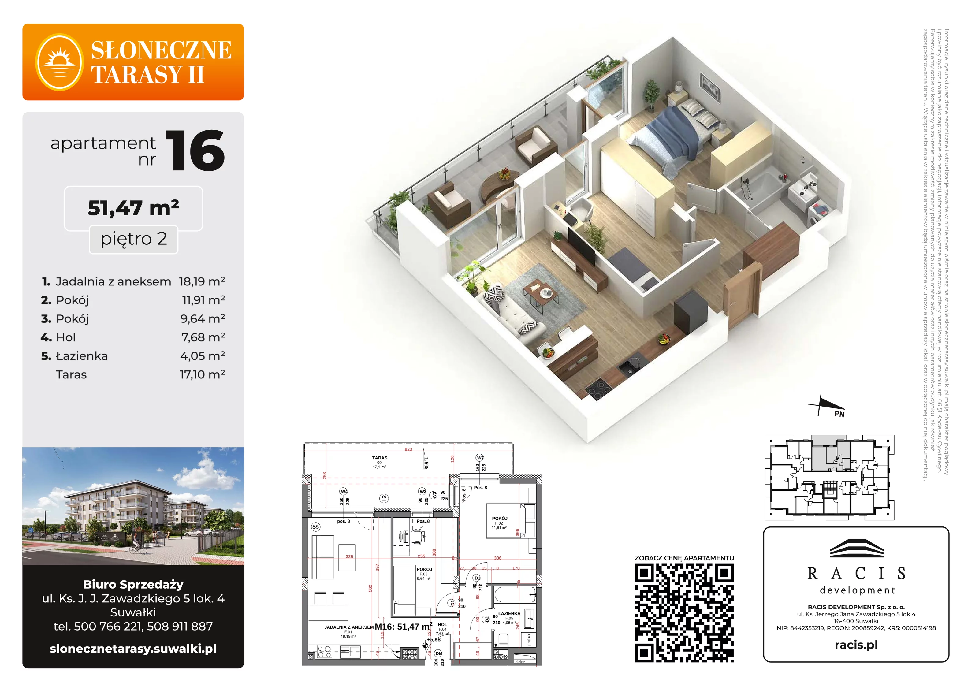 3 pokoje, mieszkanie 51,47 m², piętro 2, oferta nr 16, Słoneczne Tarasy II, Suwałki, ul. Sportowa