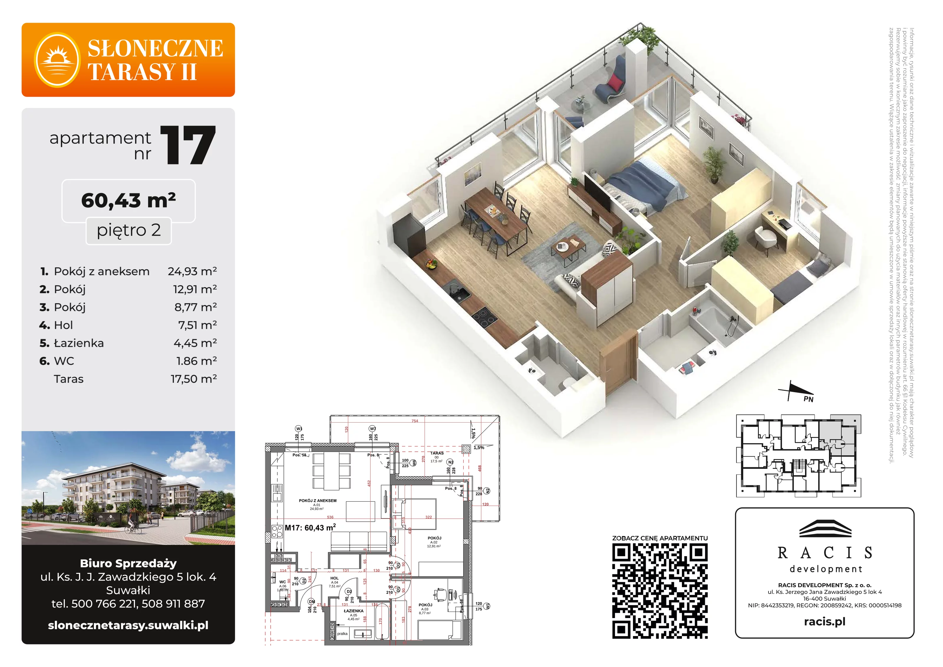 3 pokoje, mieszkanie 60,43 m², piętro 2, oferta nr 17, Słoneczne Tarasy II, Suwałki, ul. Sportowa