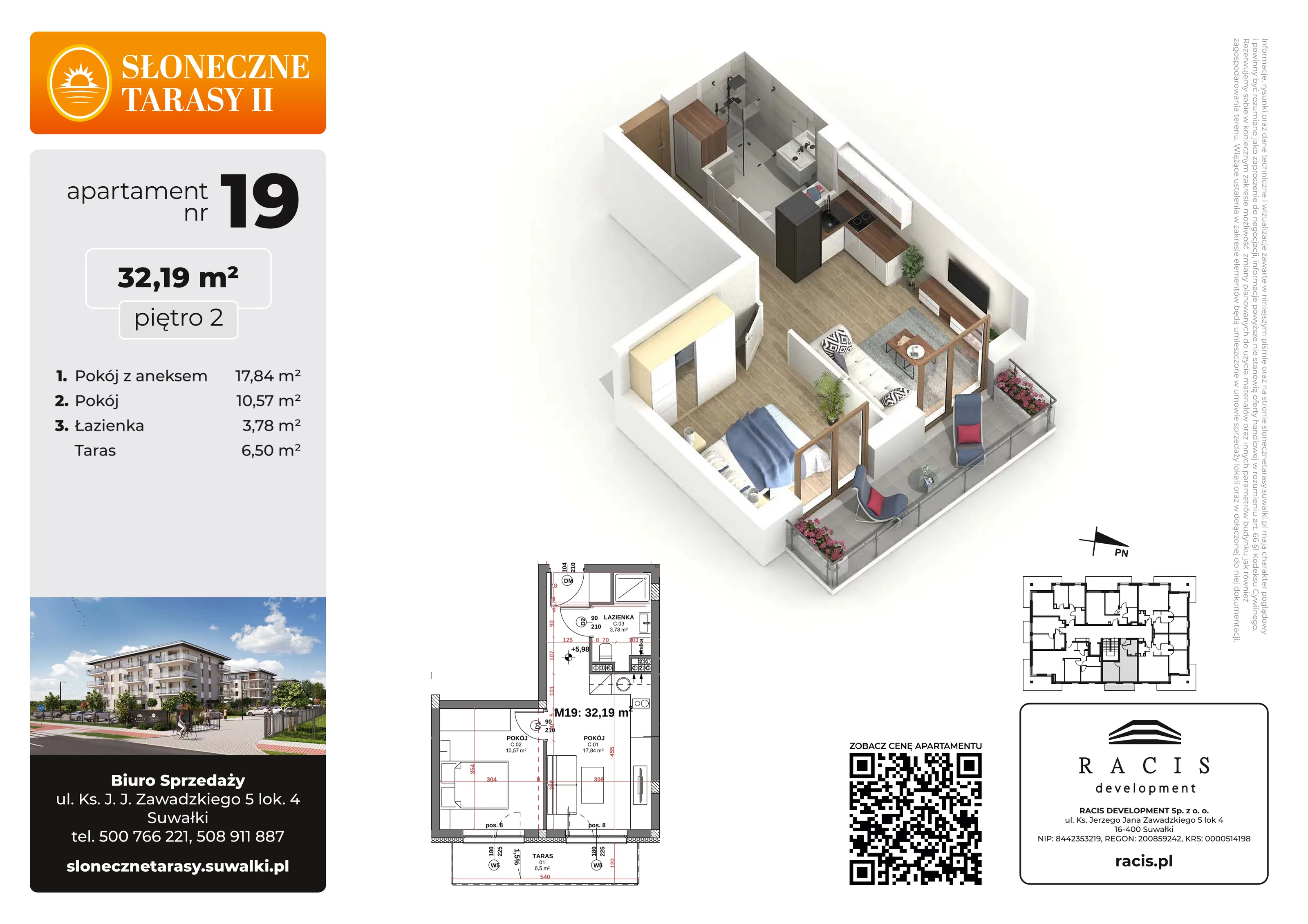 2 pokoje, mieszkanie 32,19 m², piętro 2, oferta nr 19, Słoneczne Tarasy II, Suwałki, ul. Sportowa