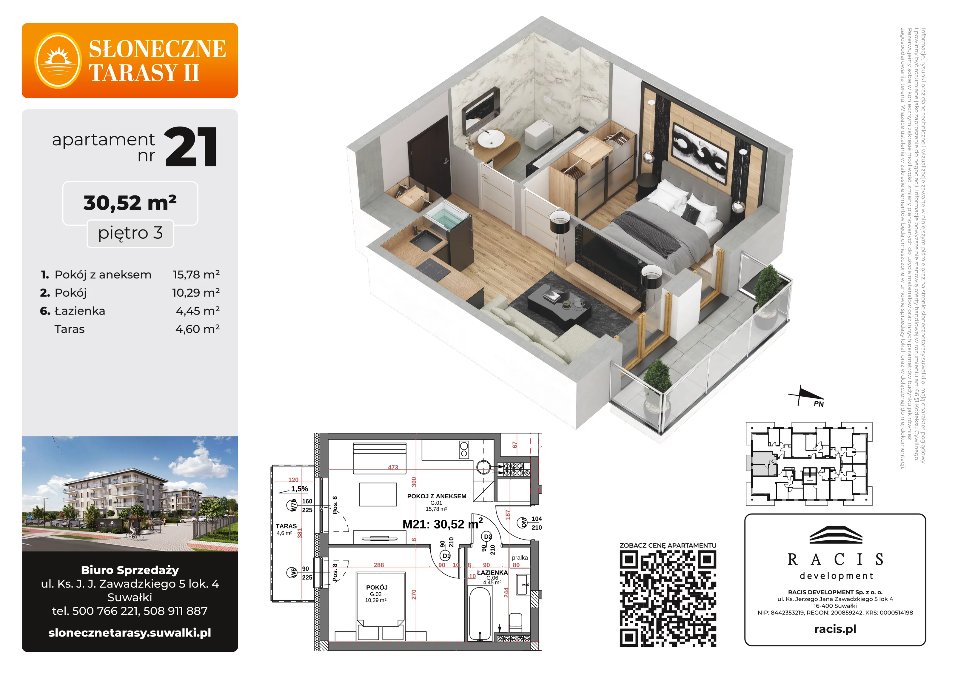 2 pokoje, mieszkanie 30,52 m², piętro 3, oferta nr 21, Słoneczne Tarasy II, Suwałki, ul. Sportowa