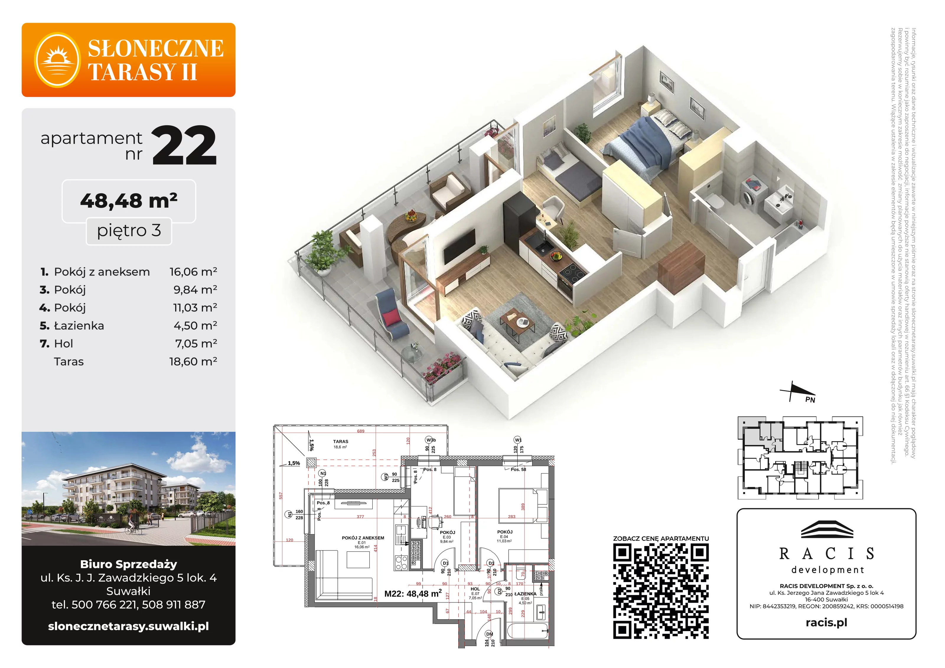 3 pokoje, mieszkanie 48,48 m², piętro 3, oferta nr 22, Słoneczne Tarasy II, Suwałki, ul. Sportowa