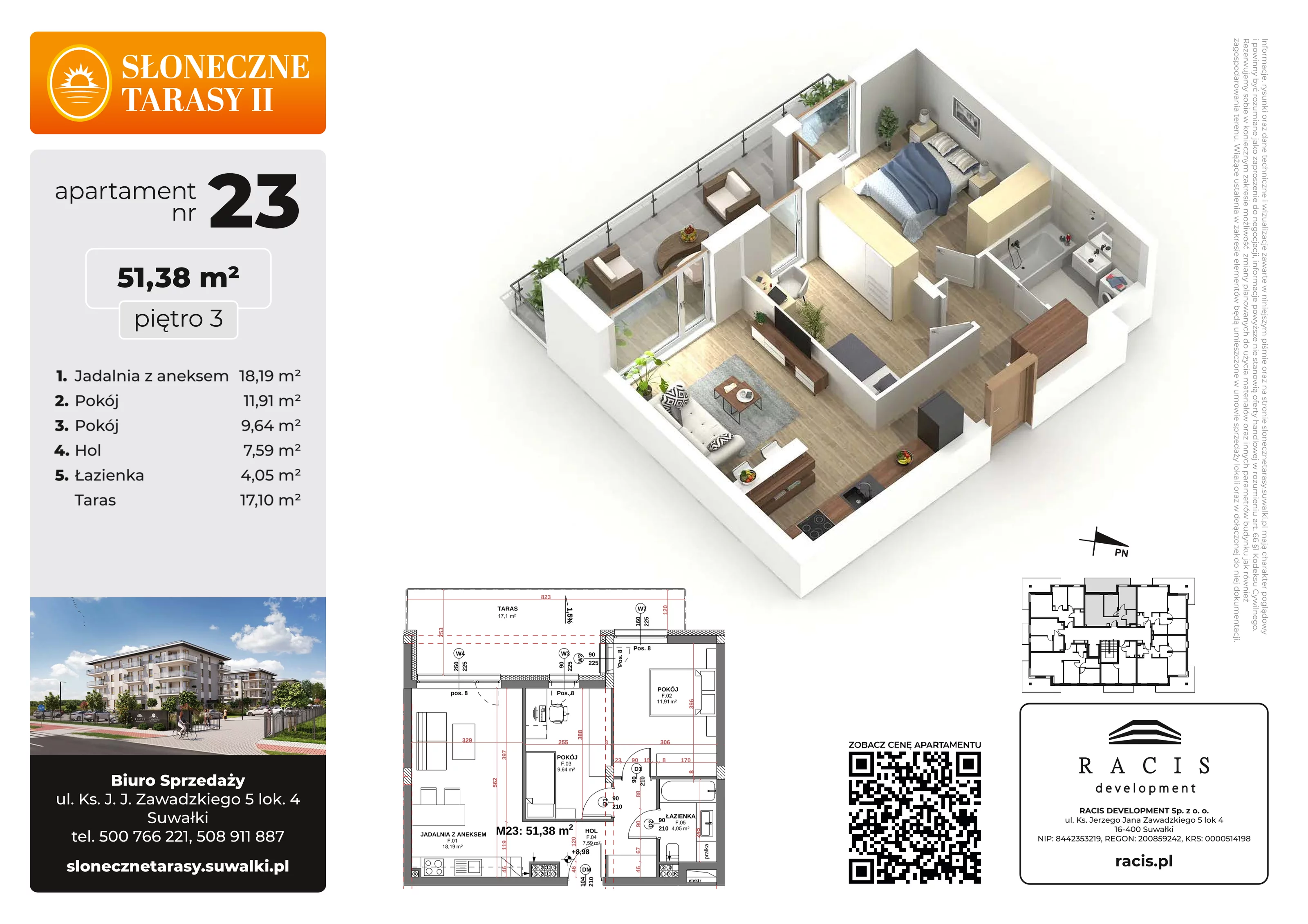 3 pokoje, mieszkanie 51,38 m², piętro 3, oferta nr 23, Słoneczne Tarasy II, Suwałki, ul. Sportowa