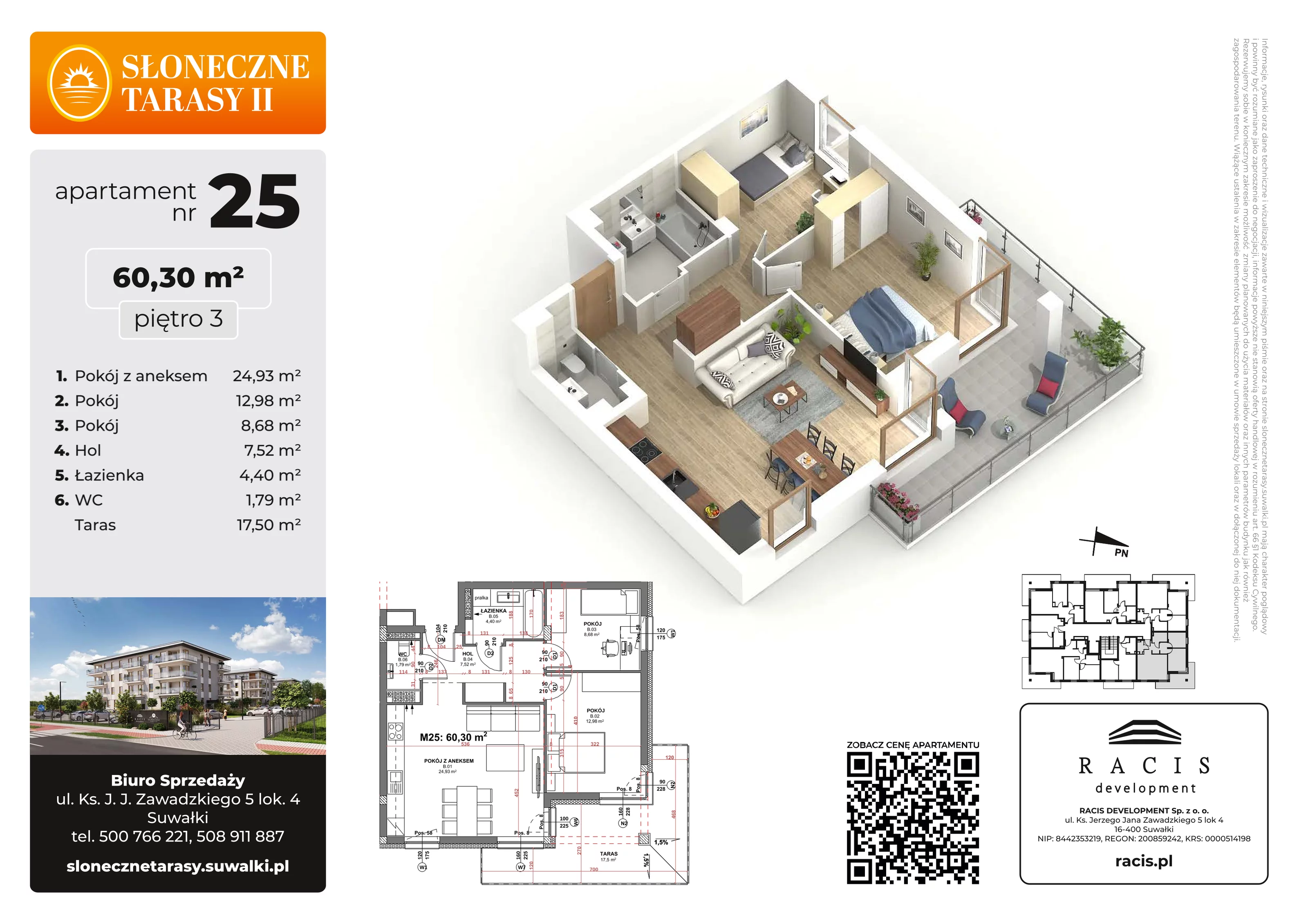 3 pokoje, mieszkanie 60,30 m², piętro 3, oferta nr 25, Słoneczne Tarasy II, Suwałki, ul. Sportowa