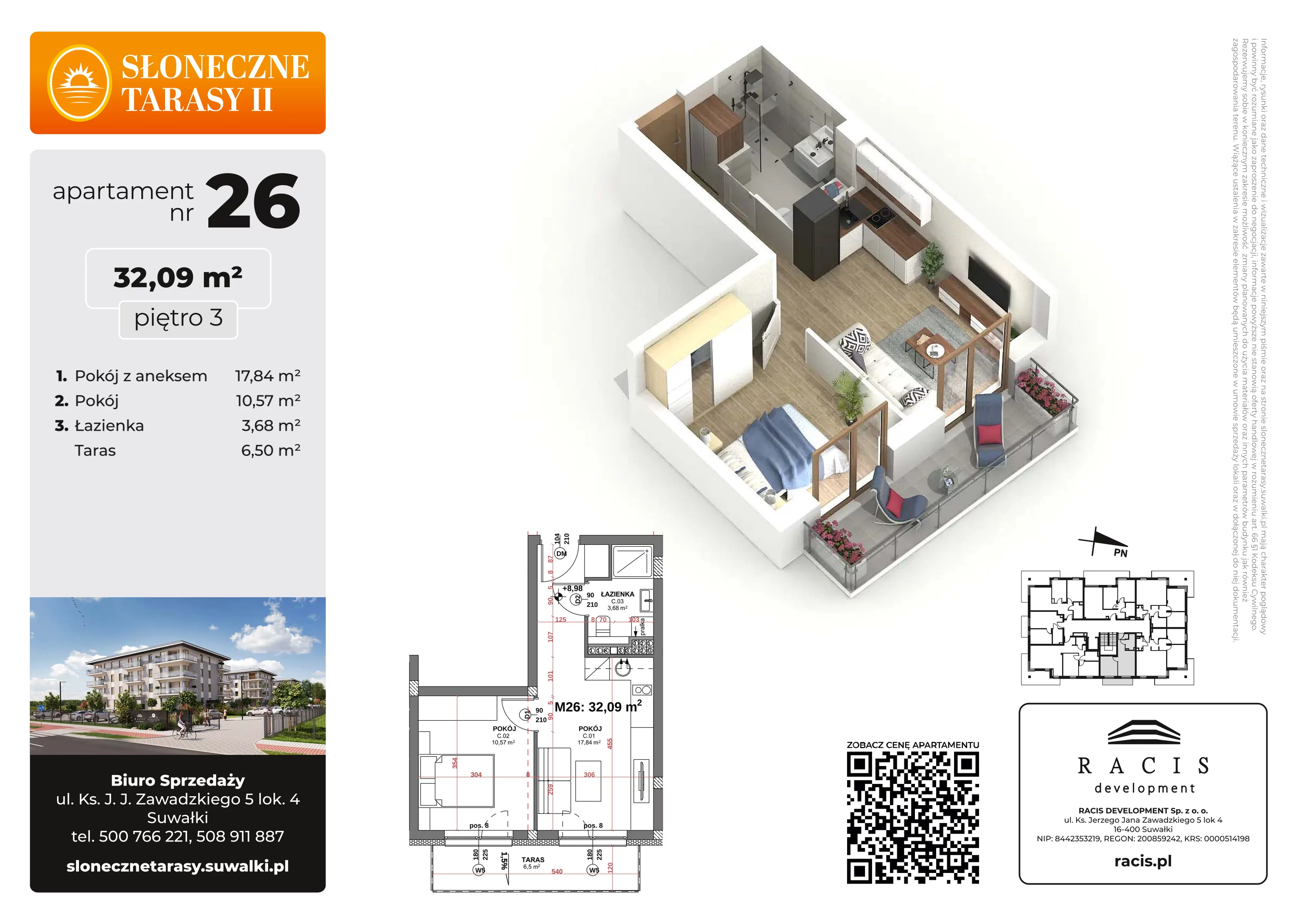2 pokoje, mieszkanie 32,09 m², piętro 3, oferta nr 26, Słoneczne Tarasy II, Suwałki, ul. Sportowa