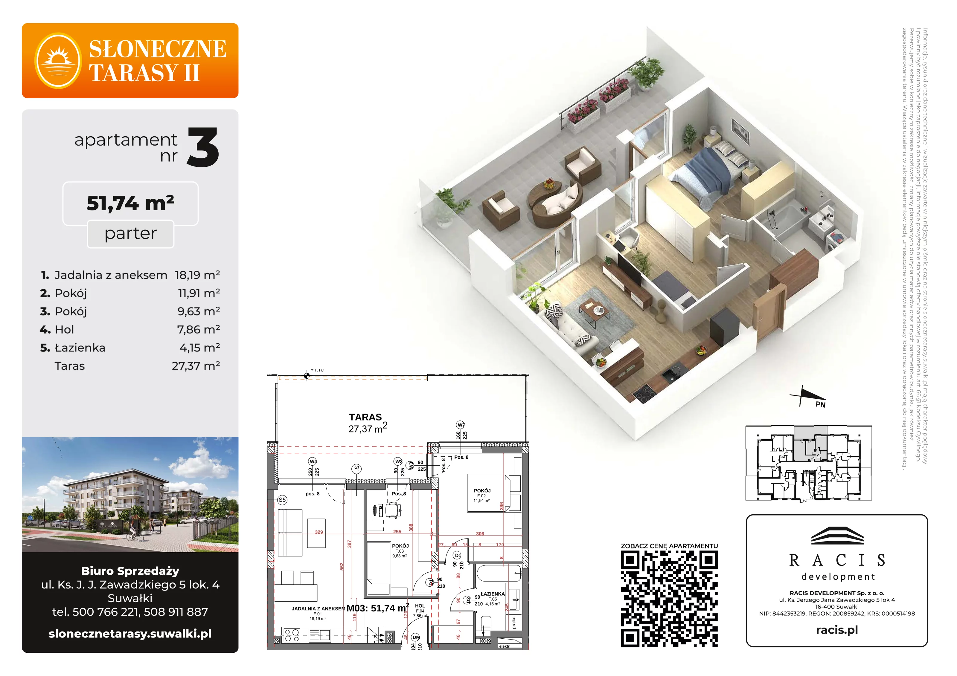 3 pokoje, mieszkanie 51,74 m², parter, oferta nr 3, Słoneczne Tarasy II, Suwałki, ul. Sportowa