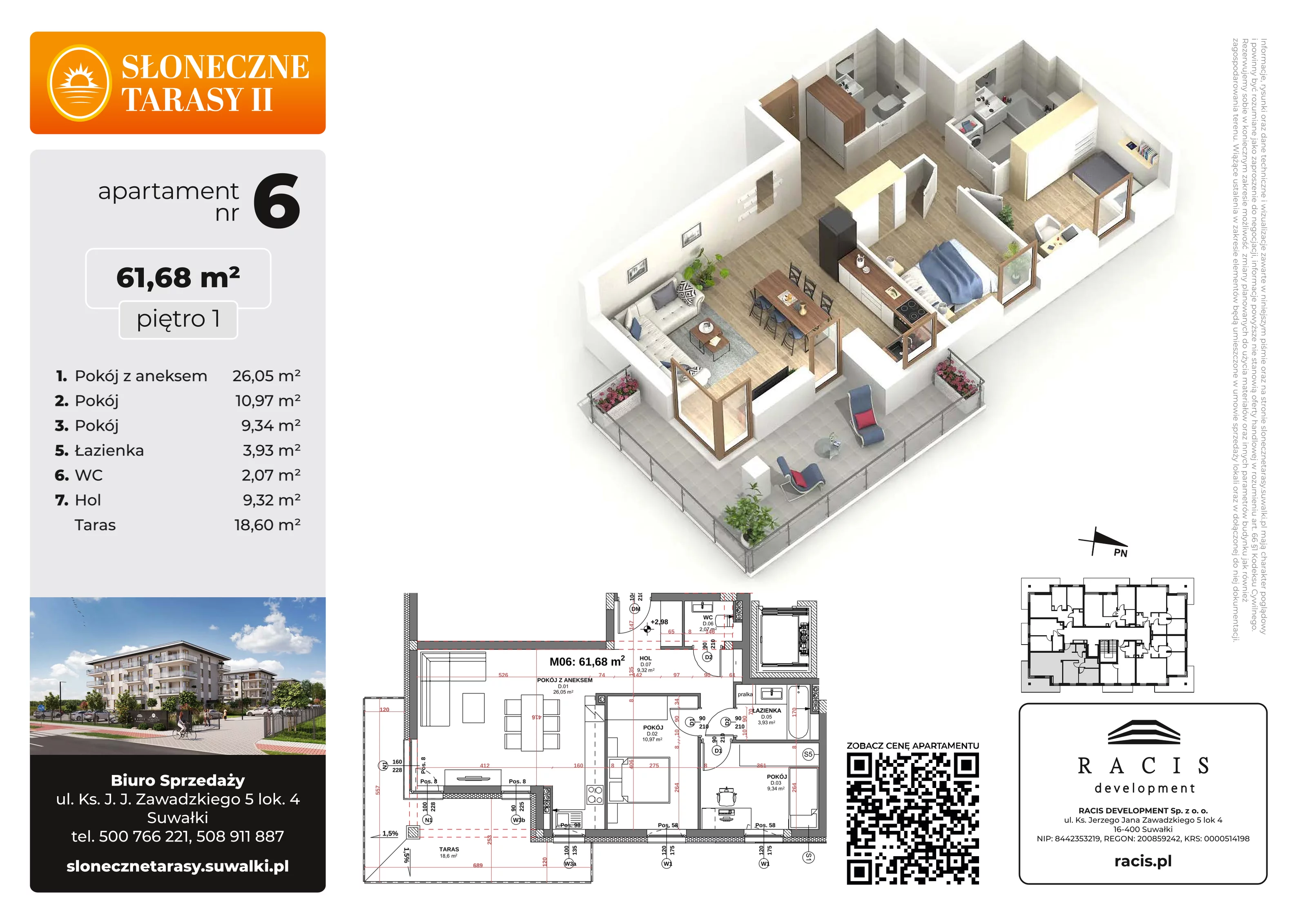 3 pokoje, mieszkanie 61,68 m², piętro 1, oferta nr 6, Słoneczne Tarasy II, Suwałki, ul. Sportowa