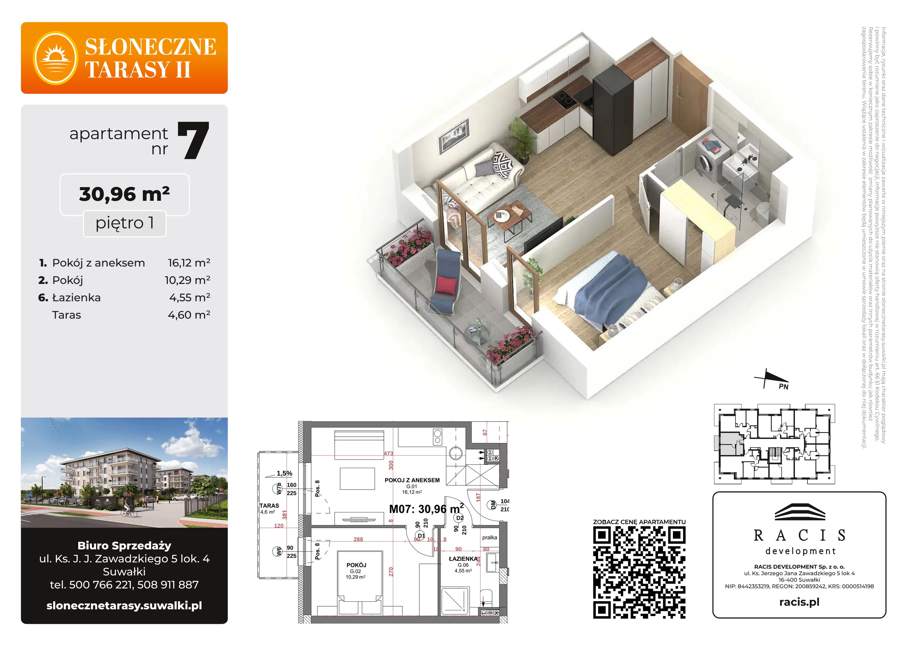 2 pokoje, mieszkanie 30,96 m², piętro 1, oferta nr 7, Słoneczne Tarasy II, Suwałki, ul. Sportowa