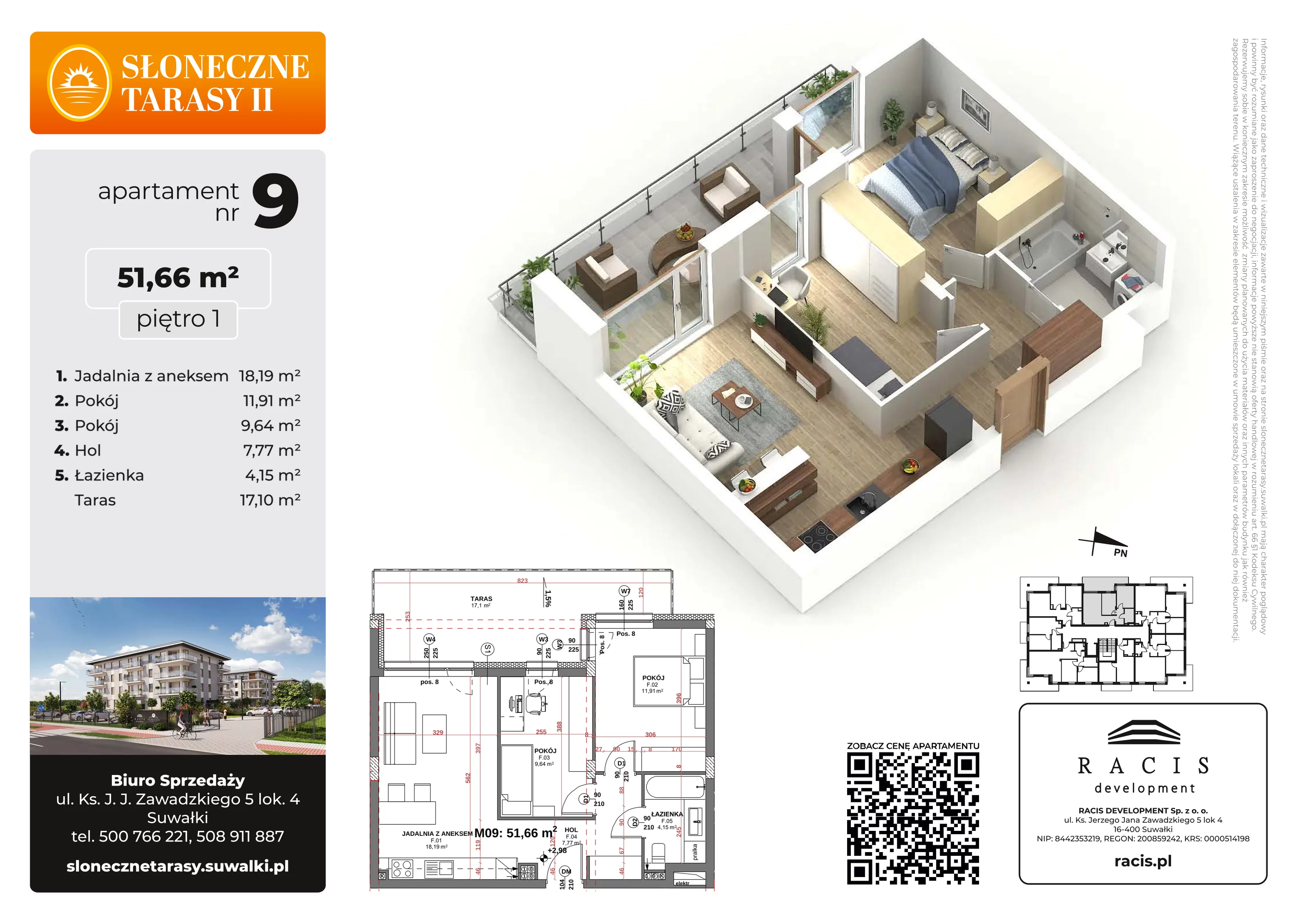 3 pokoje, mieszkanie 51,66 m², piętro 1, oferta nr 9, Słoneczne Tarasy II, Suwałki, ul. Sportowa