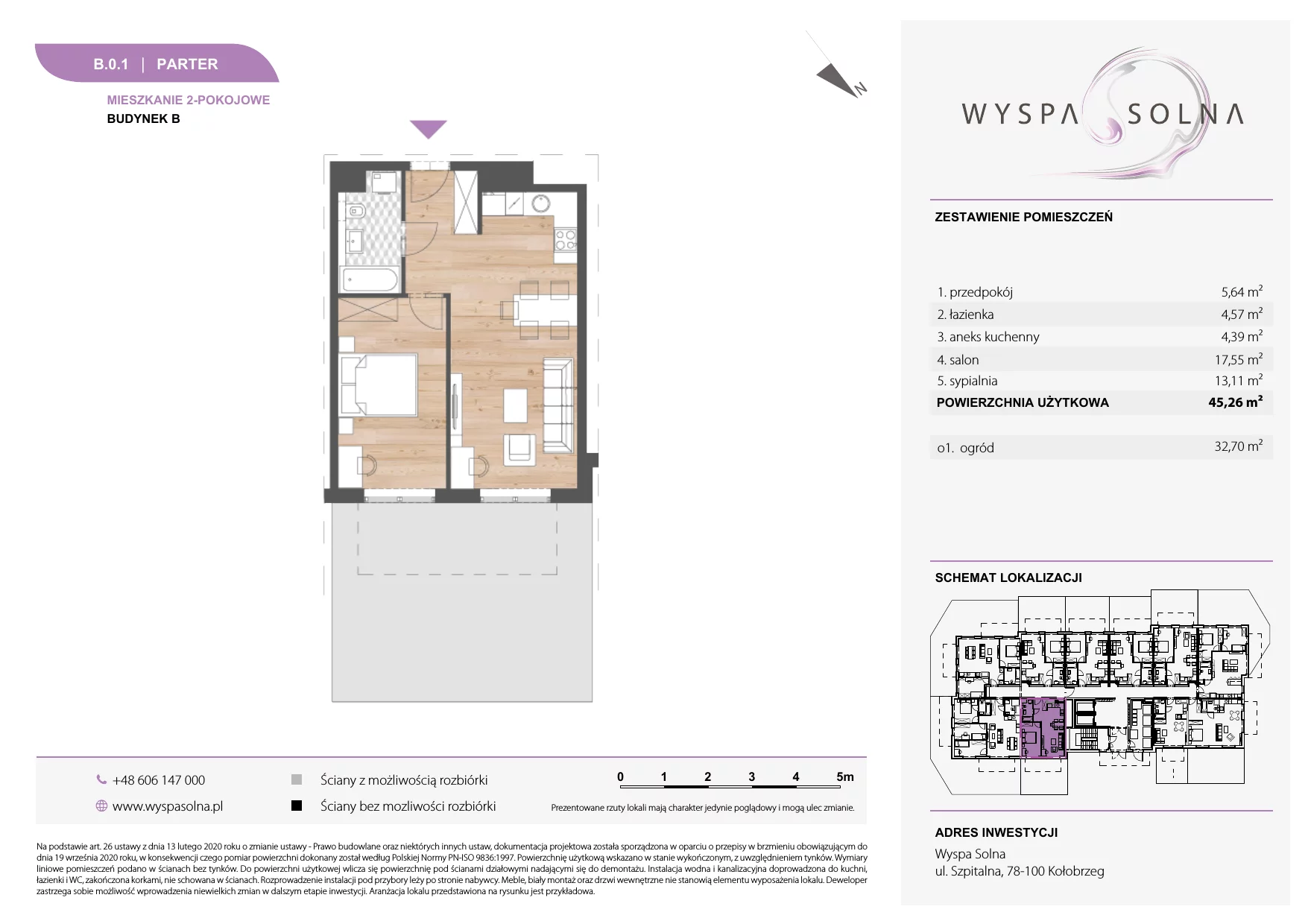 2 pokoje, apartament 45,26 m², parter, oferta nr B.0.1, Wyspa Solna, Kołobrzeg, Osiedle Nr 3, Wyspa Solna, ul. Szpitalna 9