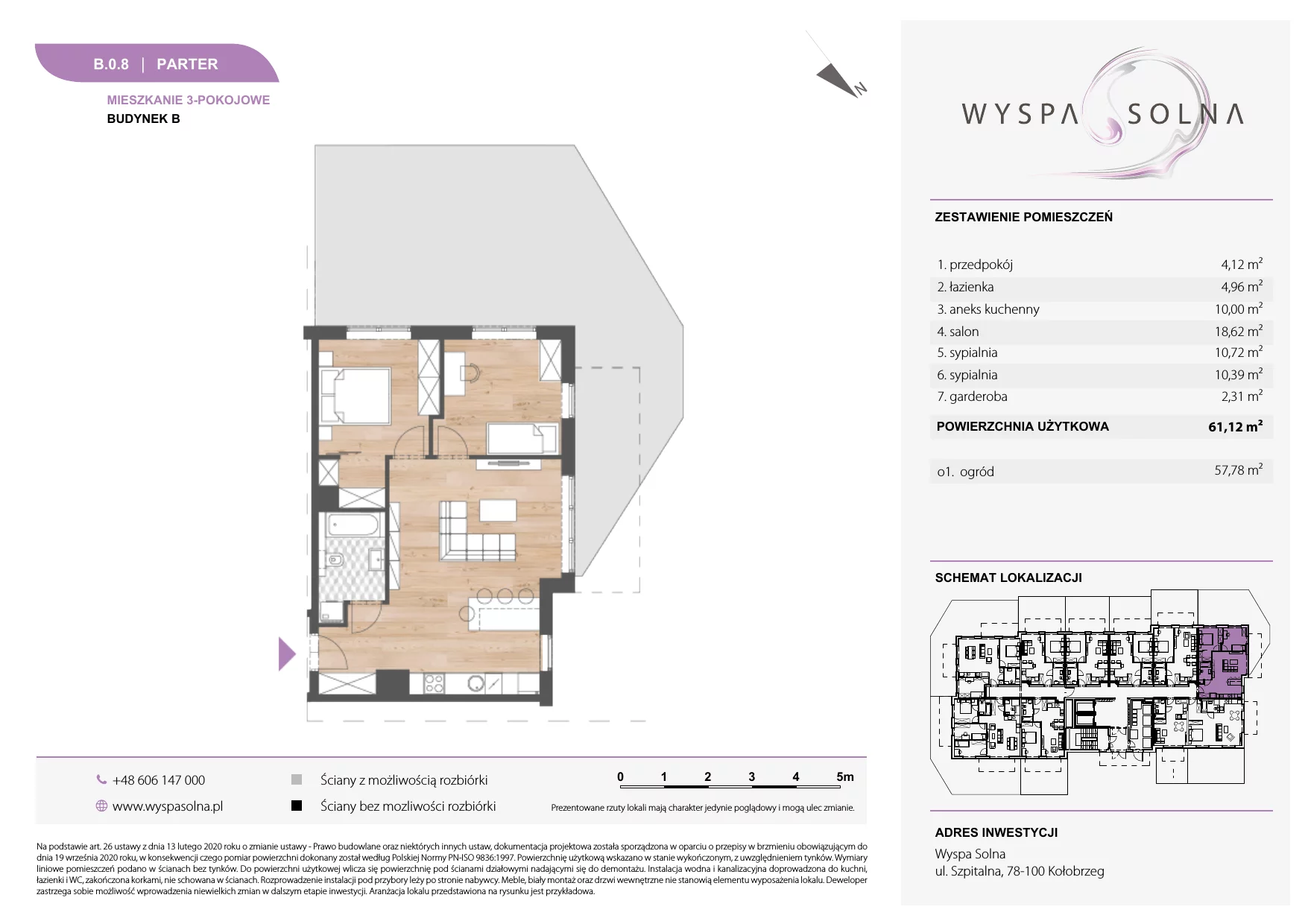 3 pokoje, apartament 61,12 m², parter, oferta nr B.0.8, Wyspa Solna, Kołobrzeg, Osiedle Nr 3, Wyspa Solna, ul. Szpitalna 9