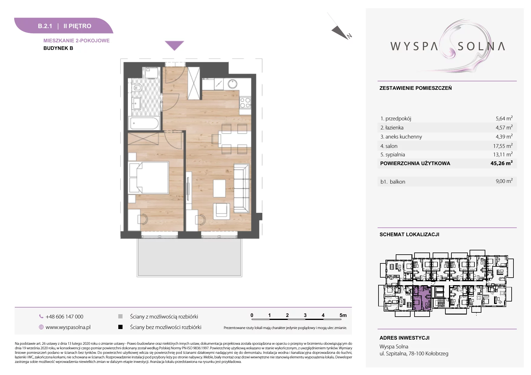 2 pokoje, apartament 45,26 m², piętro 2, oferta nr B.2.1, Wyspa Solna, Kołobrzeg, Osiedle Nr 3, Wyspa Solna, ul. Szpitalna 9