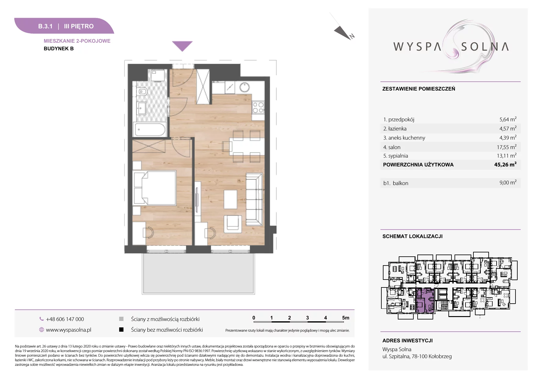 2 pokoje, apartament 45,26 m², piętro 3, oferta nr B.3.1, Wyspa Solna, Kołobrzeg, Osiedle Nr 3, Wyspa Solna, ul. Szpitalna 9