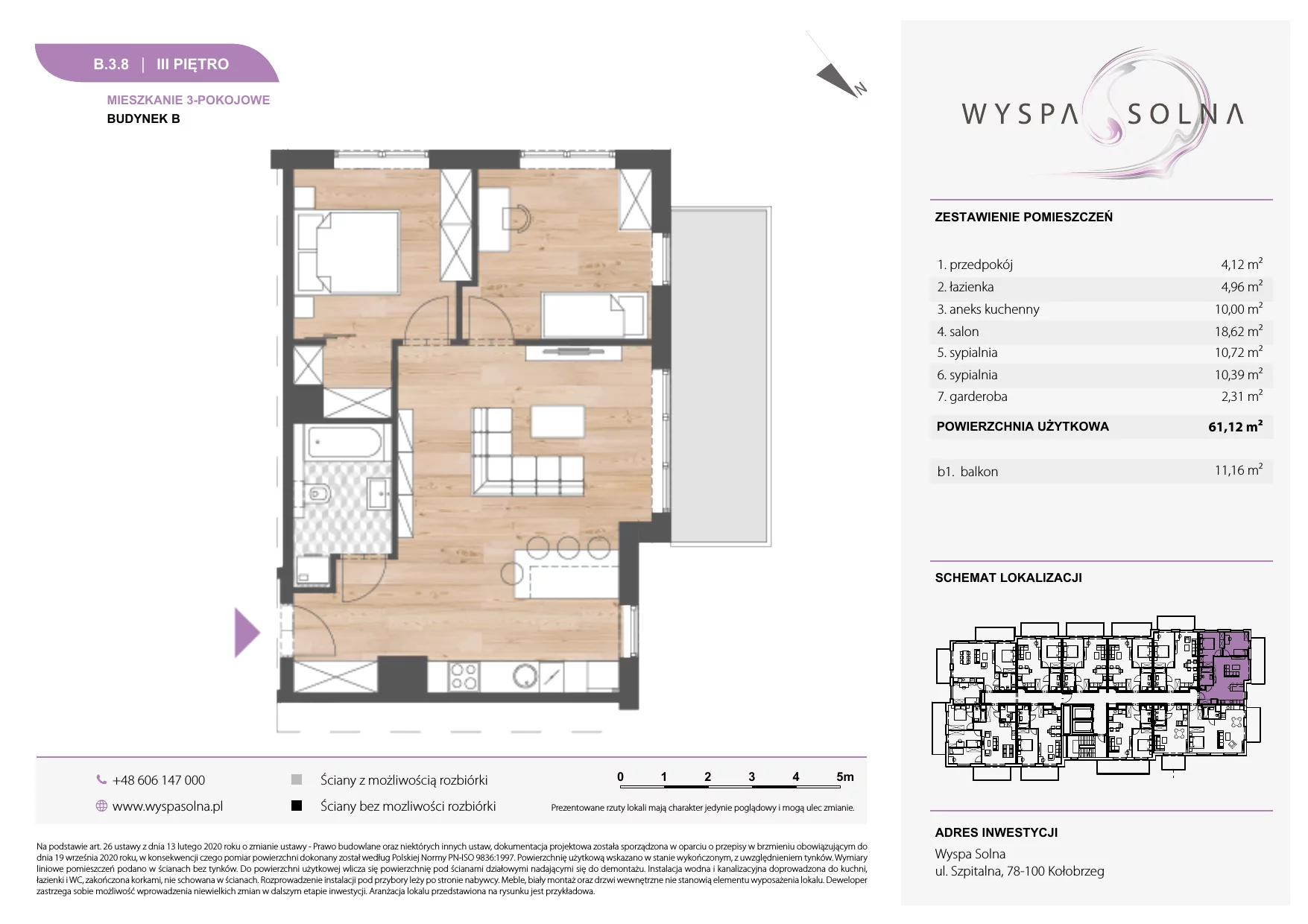 3 pokoje, apartament 61,12 m², piętro 3, oferta nr B.3.8, Wyspa Solna, Kołobrzeg, Osiedle Nr 3, Wyspa Solna, ul. Szpitalna 9