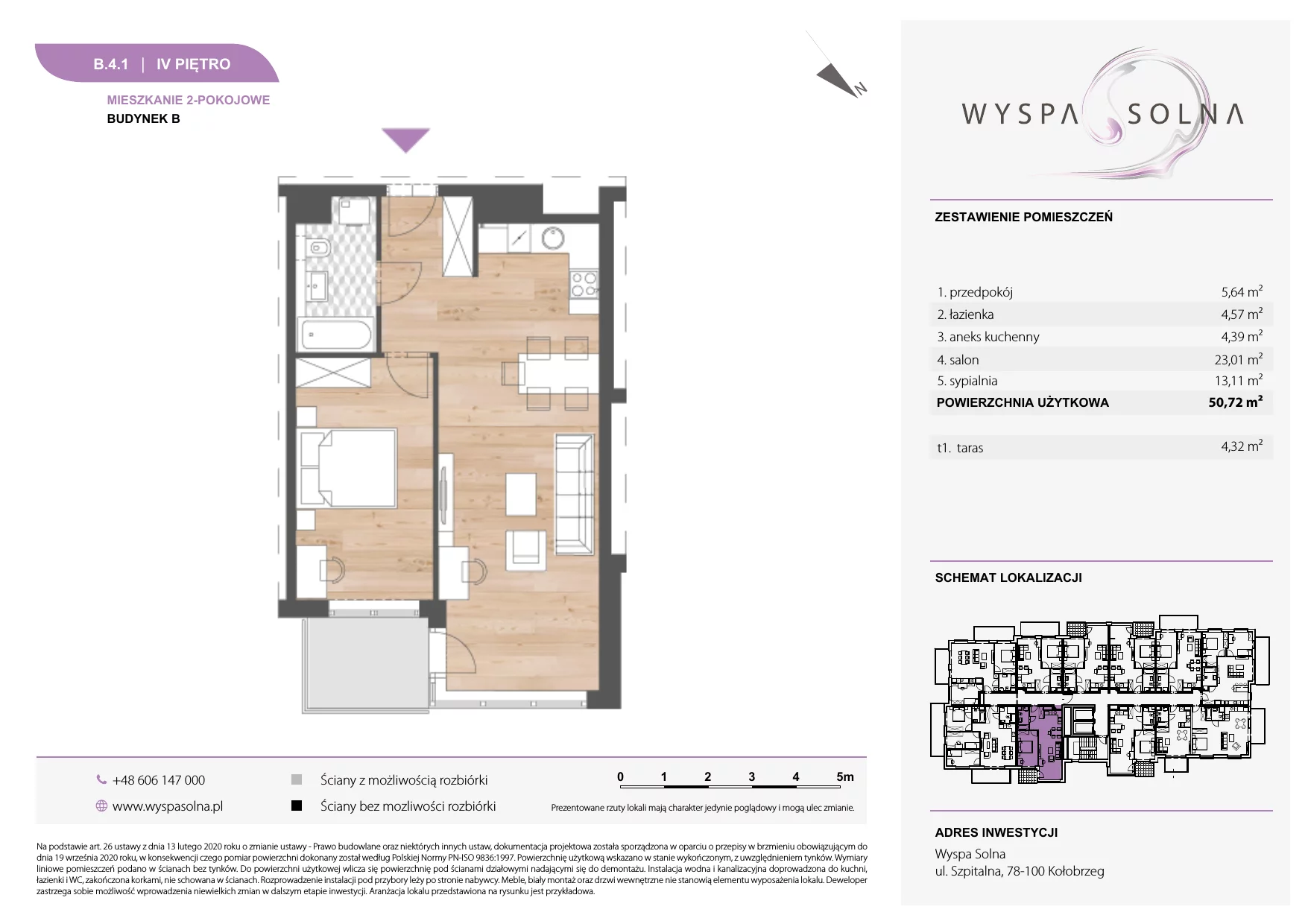 2 pokoje, apartament 50,72 m², piętro 4, oferta nr B.4.1, Wyspa Solna, Kołobrzeg, Osiedle Nr 3, Wyspa Solna, ul. Szpitalna 9