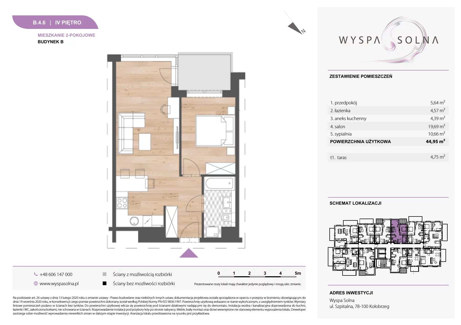 2 pokoje, apartament 44,95 m², piętro 4, oferta nr B.4.6, Wyspa Solna, Kołobrzeg, Osiedle Nr 3, Wyspa Solna, ul. Szpitalna 9