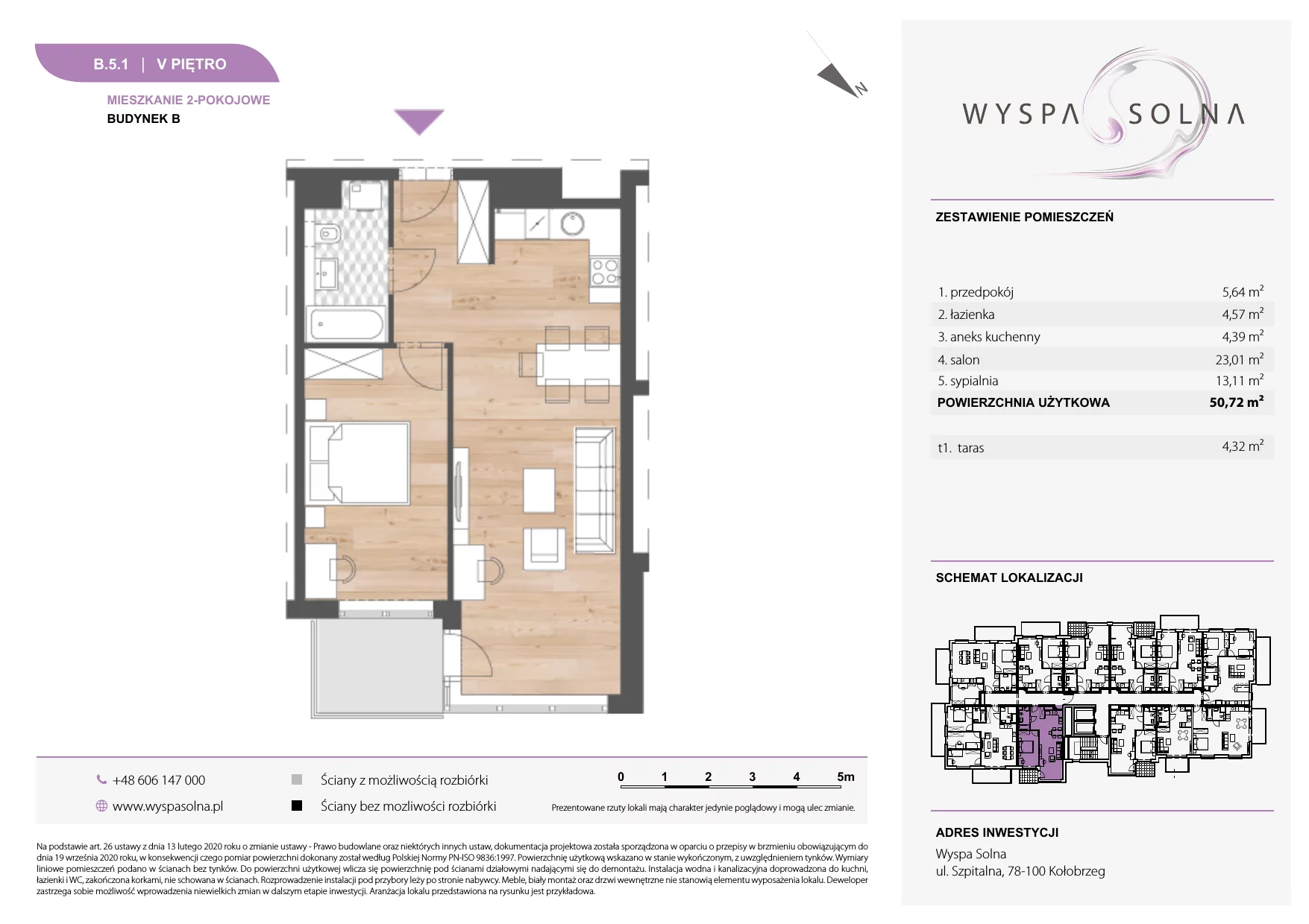 2 pokoje, apartament 50,72 m², piętro 5, oferta nr B.5.1, Wyspa Solna, Kołobrzeg, Osiedle Nr 3, Wyspa Solna, ul. Szpitalna 9