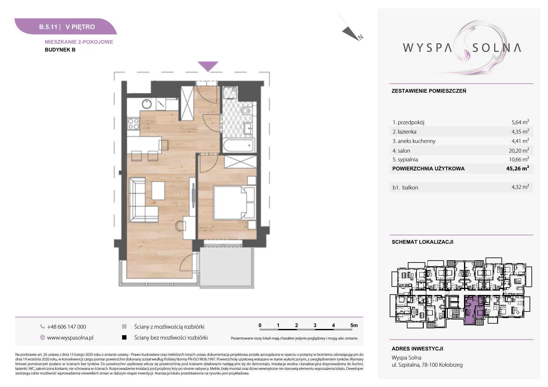 2 pokoje, apartament 45,26 m², piętro 5, oferta nr B.5.11, Wyspa Solna, Kołobrzeg, Osiedle Nr 3, Wyspa Solna, ul. Szpitalna 9