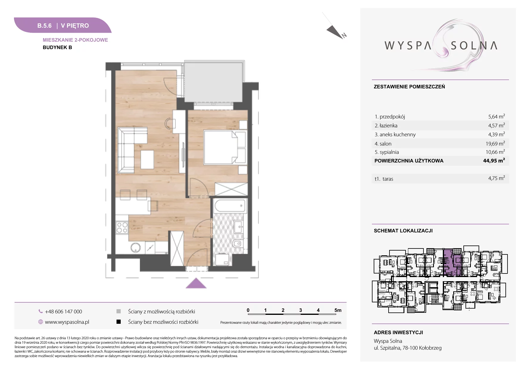 2 pokoje, apartament 44,95 m², piętro 5, oferta nr B.5.6, Wyspa Solna, Kołobrzeg, Osiedle Nr 3, Wyspa Solna, ul. Szpitalna 9