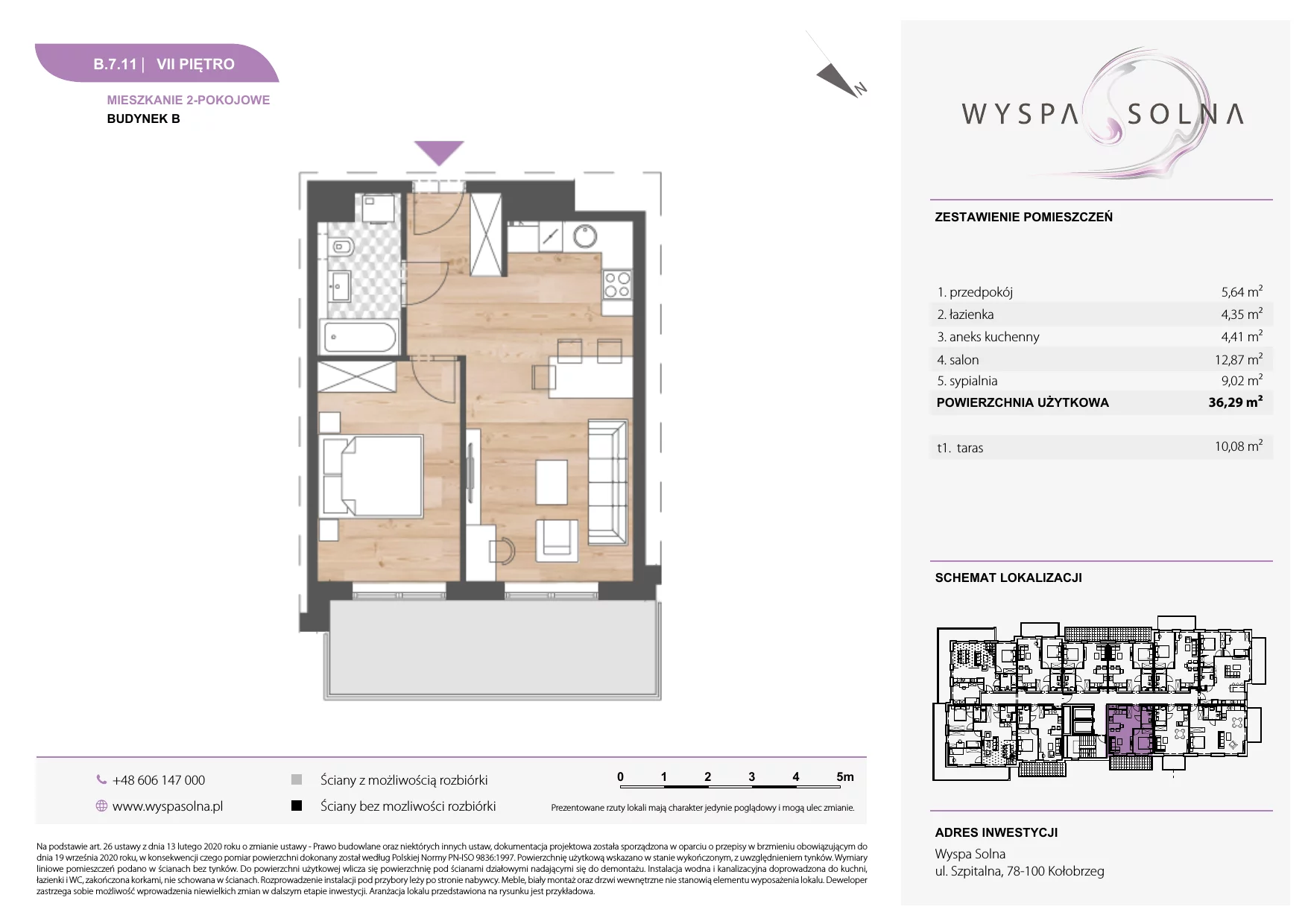 2 pokoje, apartament 36,29 m², piętro 7, oferta nr B.7.11, Wyspa Solna, Kołobrzeg, Osiedle Nr 3, Wyspa Solna, ul. Szpitalna 9